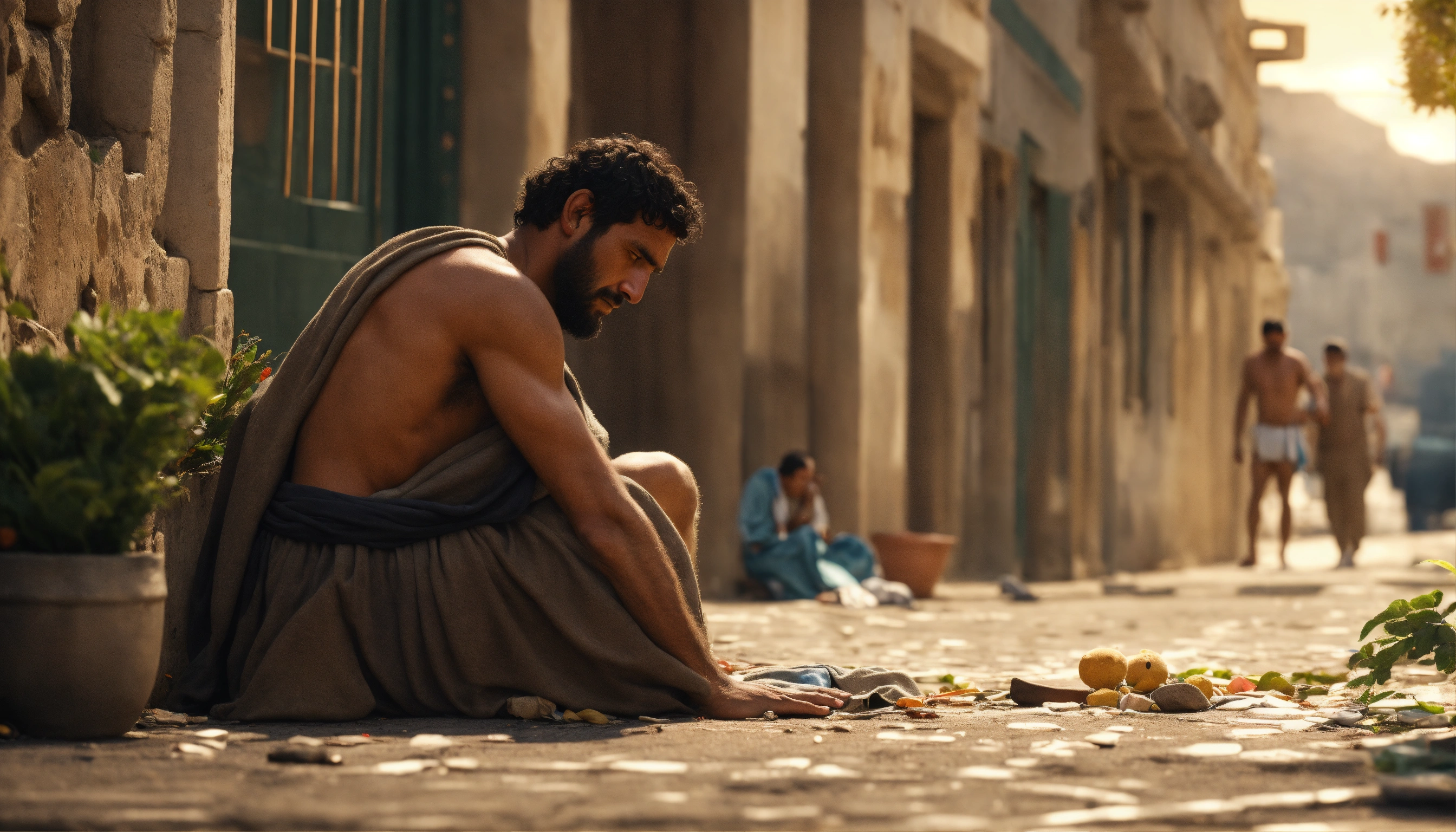 Lexica Man from ancient Greece, poor, helping others, in the street