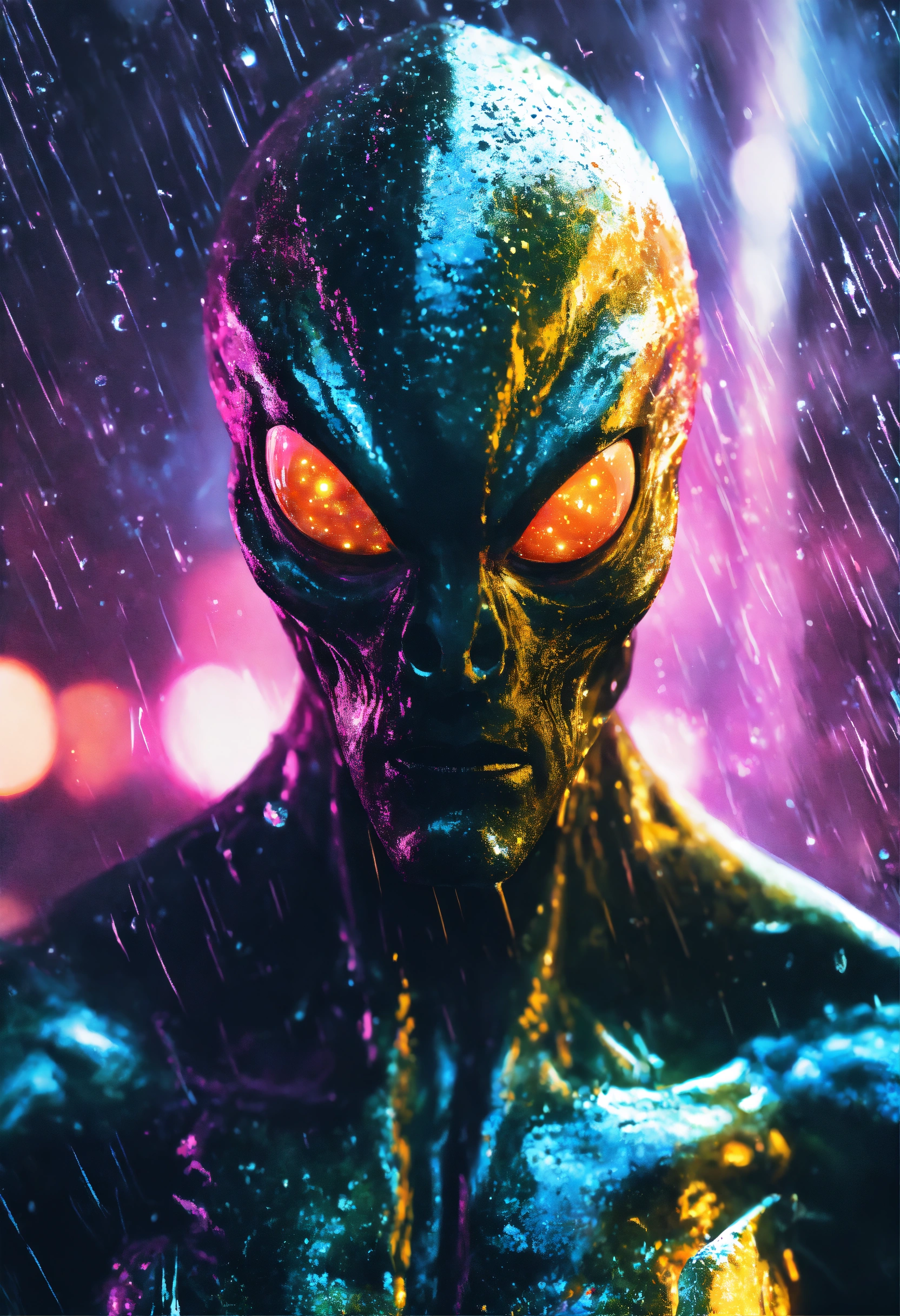 Lexica - An menacing alien with glowing eyes, in the pouring rain, in ...