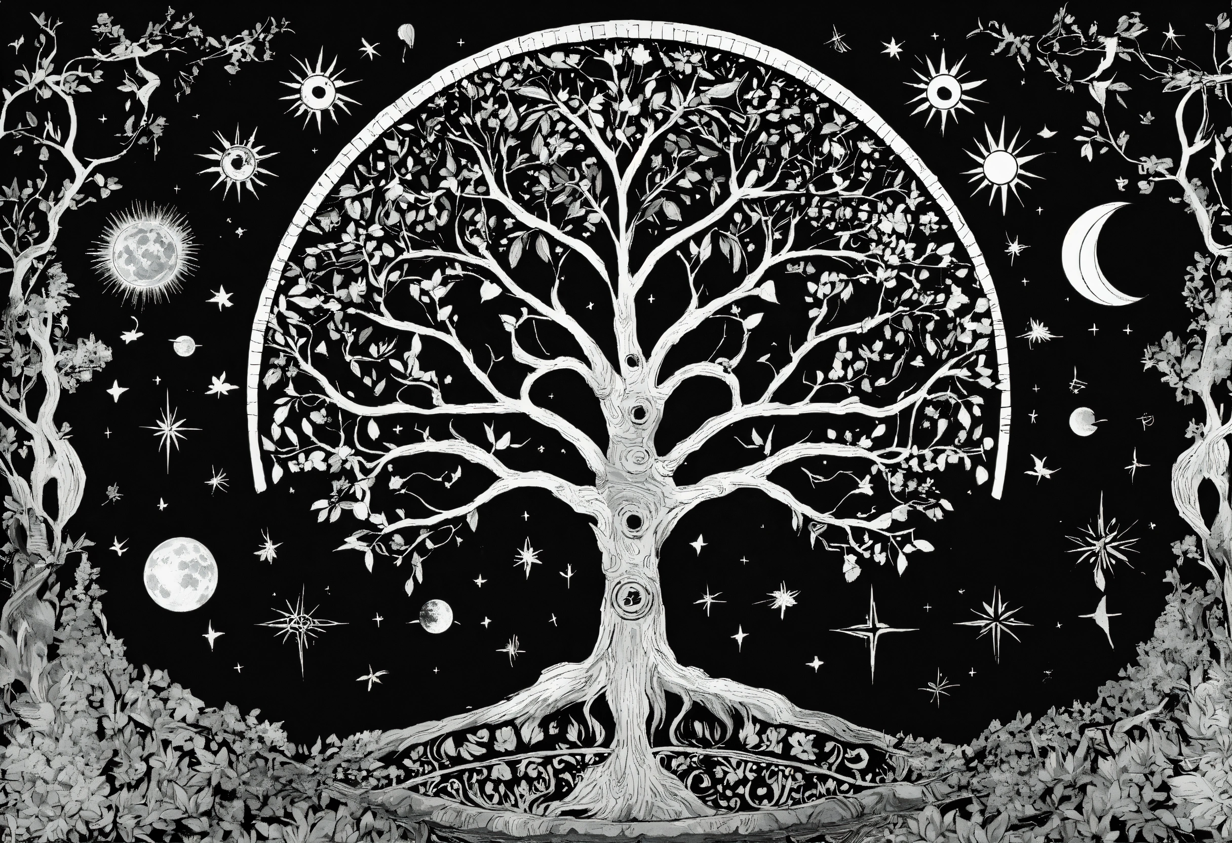 Lexica - Tree of life black and white no leaf with moon sun and stars