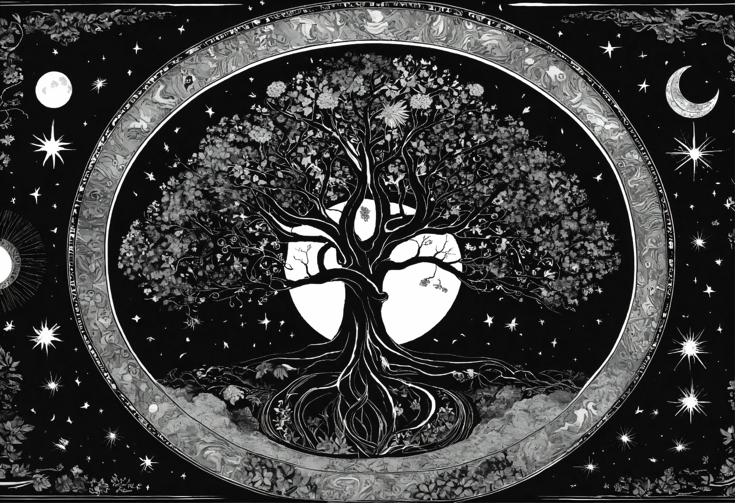 Lexica - Tree of life black and white no leaf with moon sun and stars