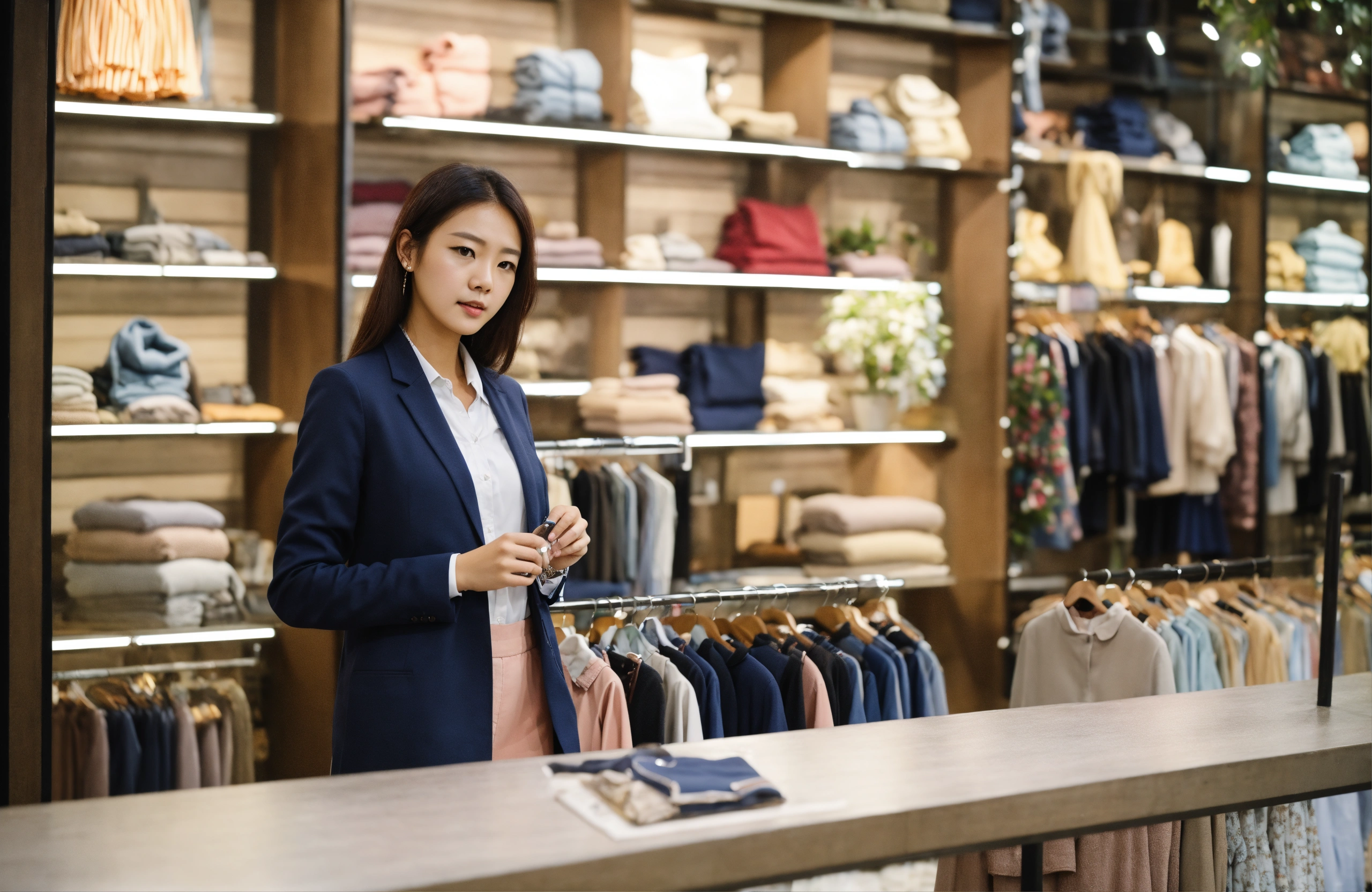 Lexica - Same face girl manager standing in cloth store front view
