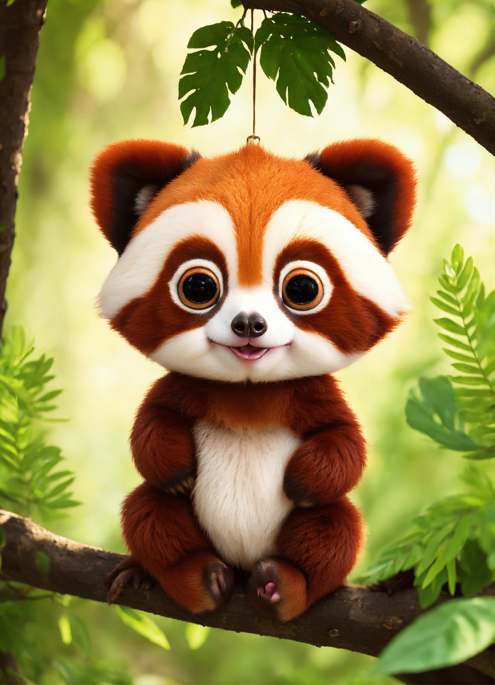 Lexica - A cute baby red panda sloth with big eyes hanging from a tree ...