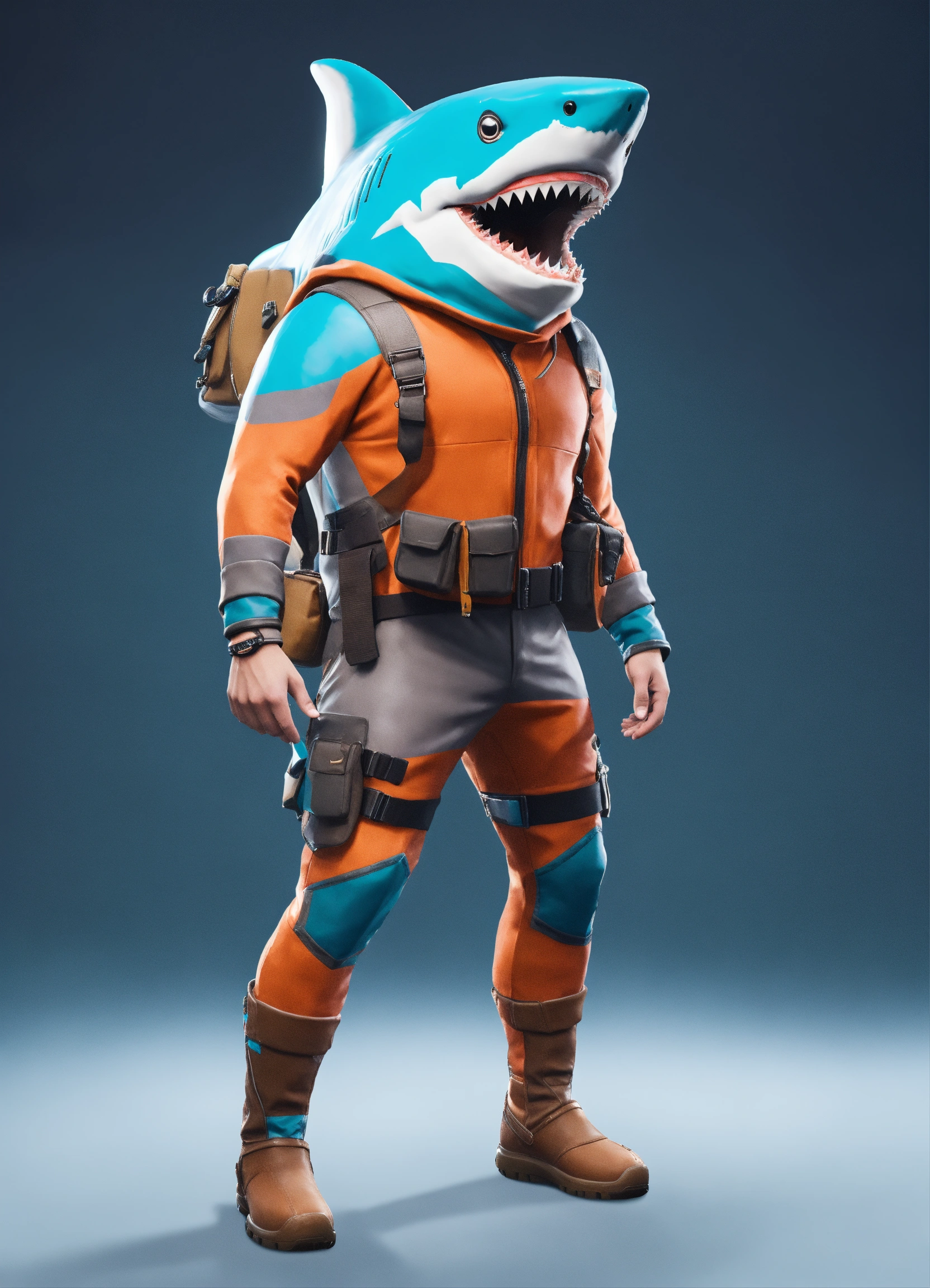 Lexica - A photograph of a costume of a shark for a male character with  Fortnite style, male costume, white background, turnaround, full body