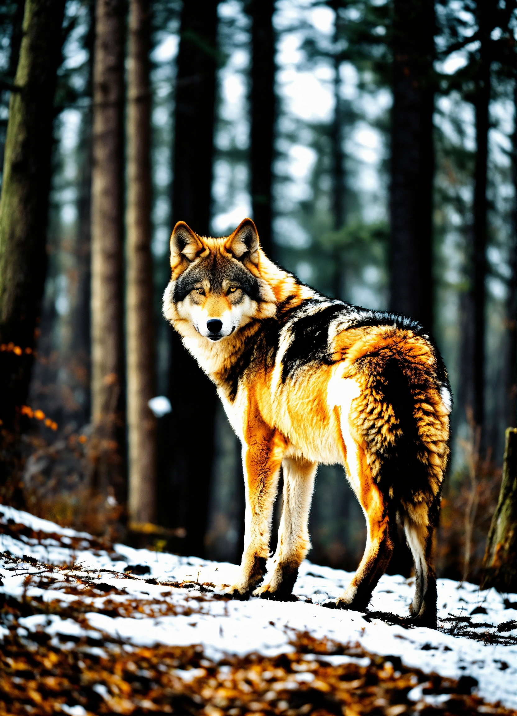 Lexica - Massive, orange fur, wolf, in the woods