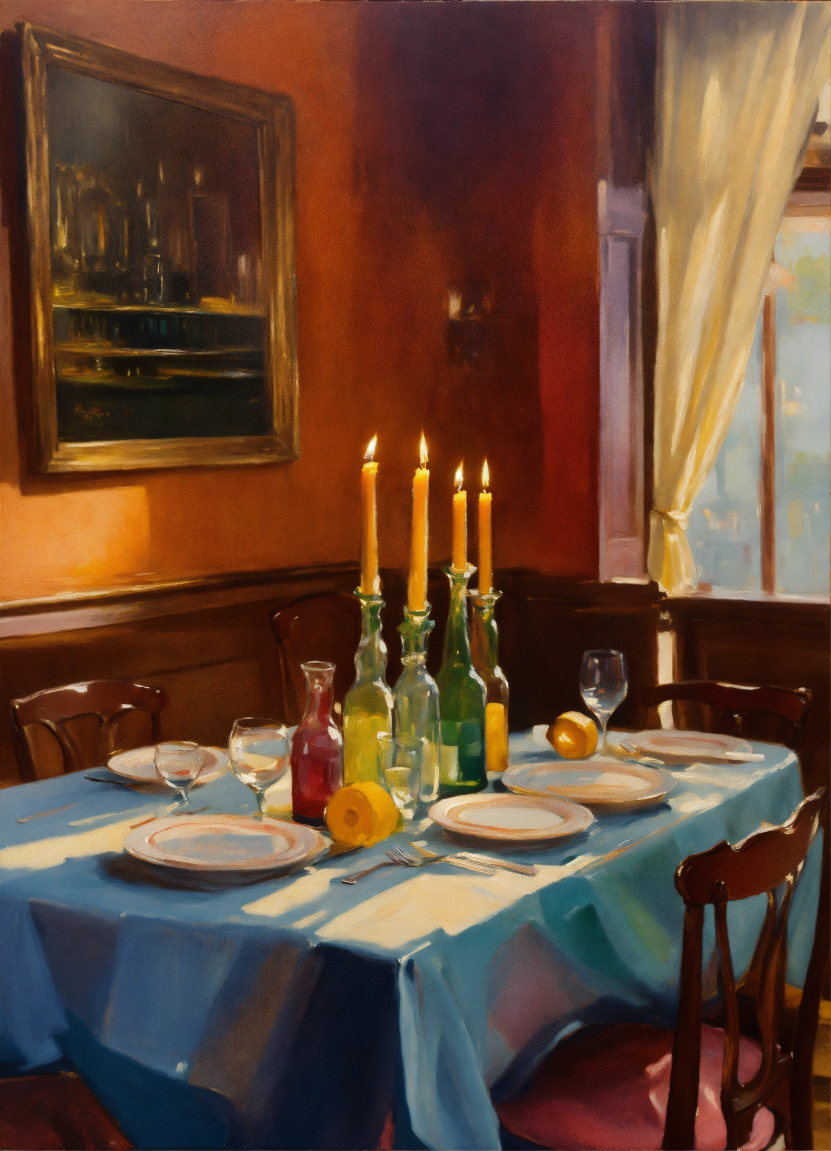 Lexica - Oil painting of a colorful dining room table, candles, fork ...