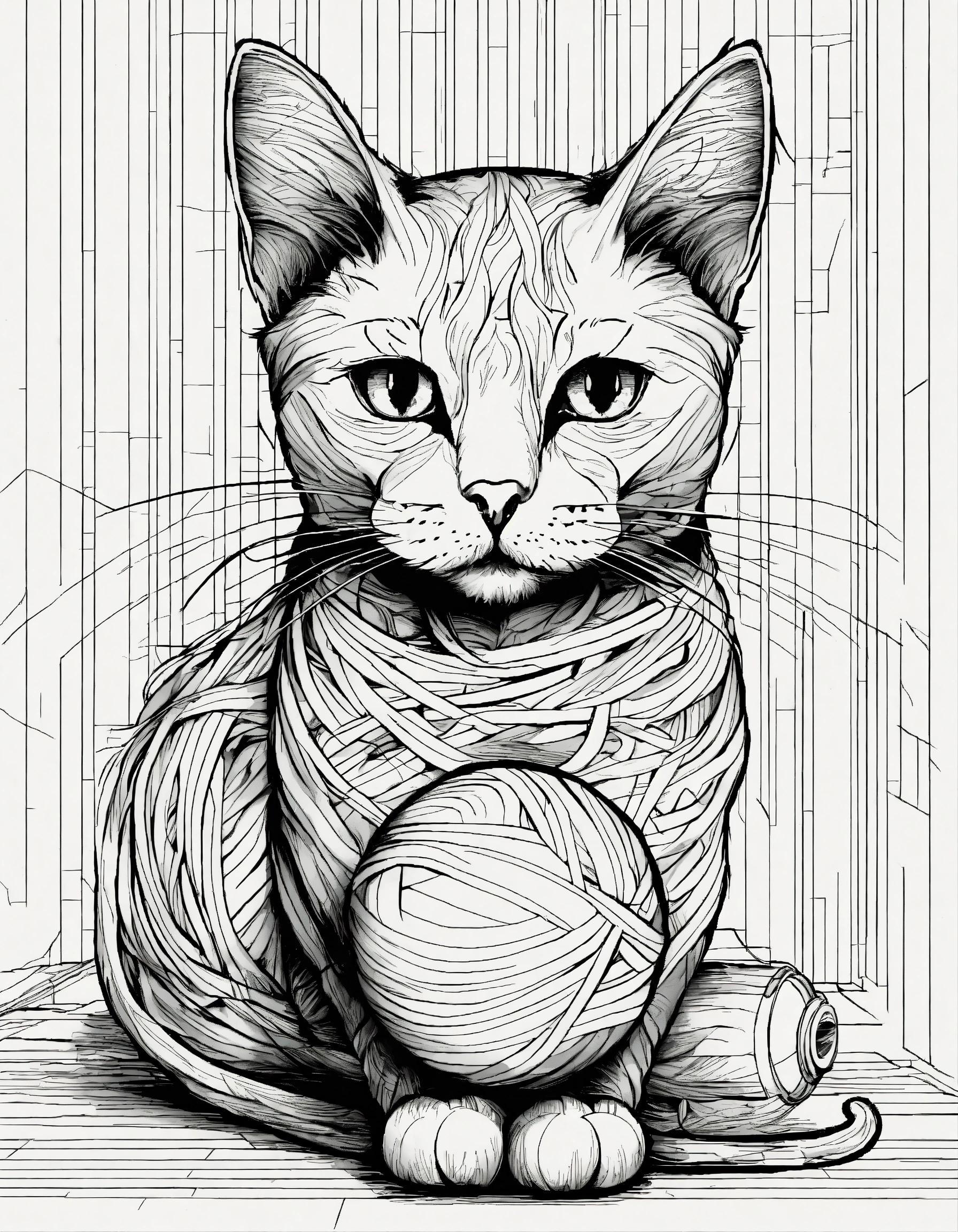 Lexica - Very detailed cat playing with ball of yarn, color book, bold ...