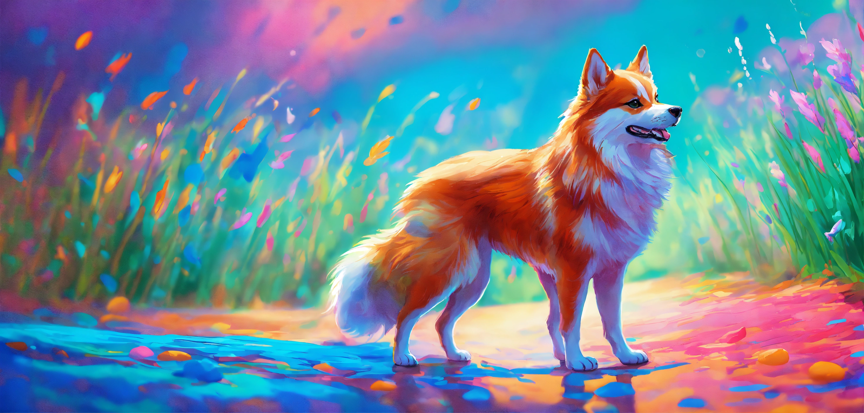 Lexica - In this vibrant painting, a graceful Pomsky is captured in ...