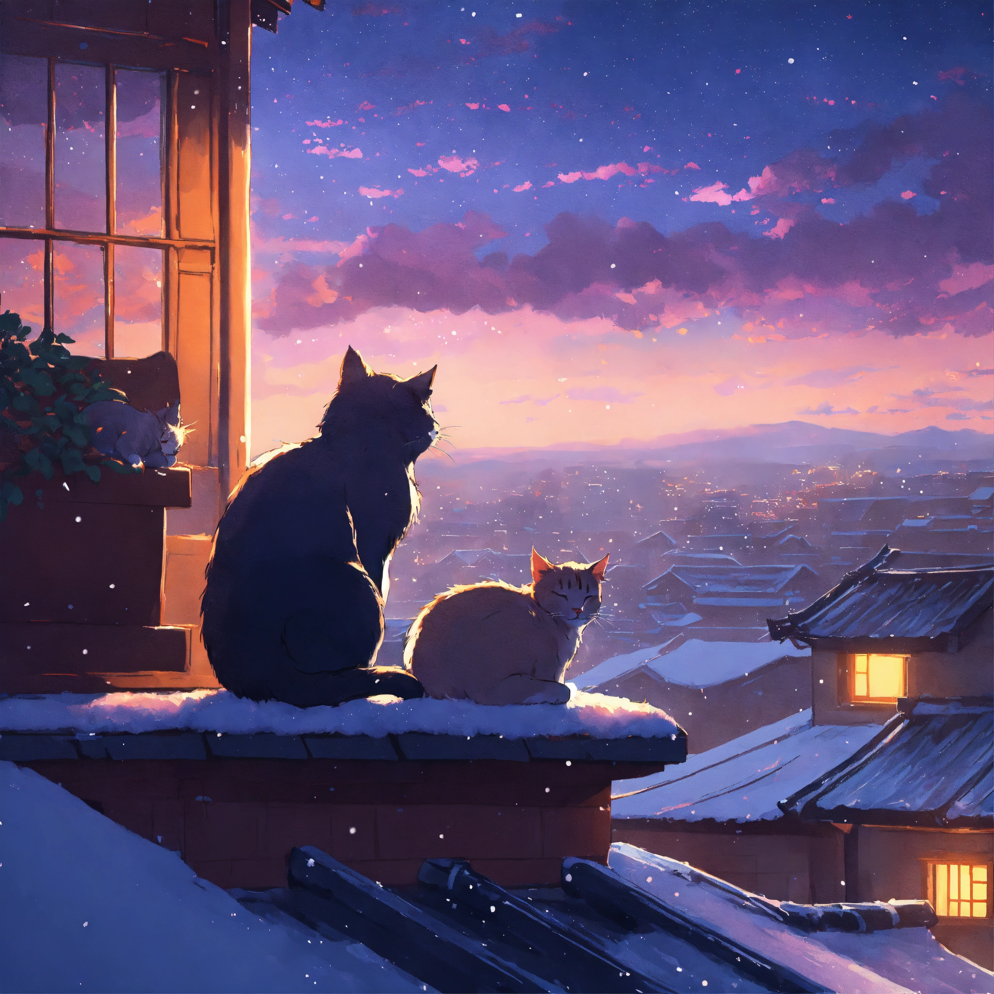 Lexica - Two cats sleeping on the roof, snowy scene, snowing Chinese ...