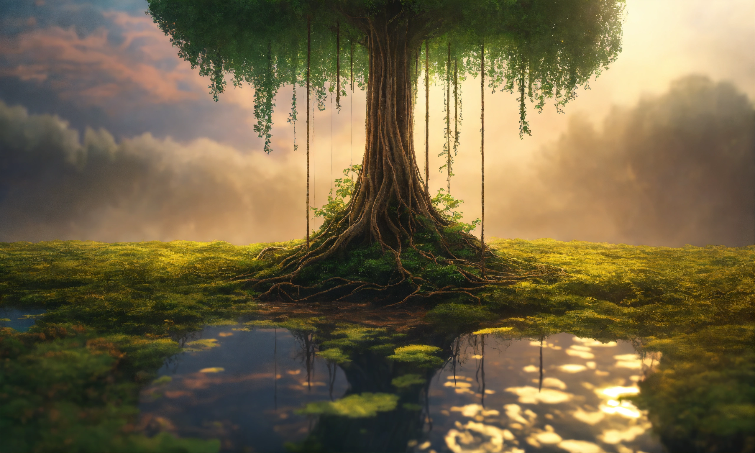 Lexica - Floating tree with long hanging roots, dreamlike. In the style ...