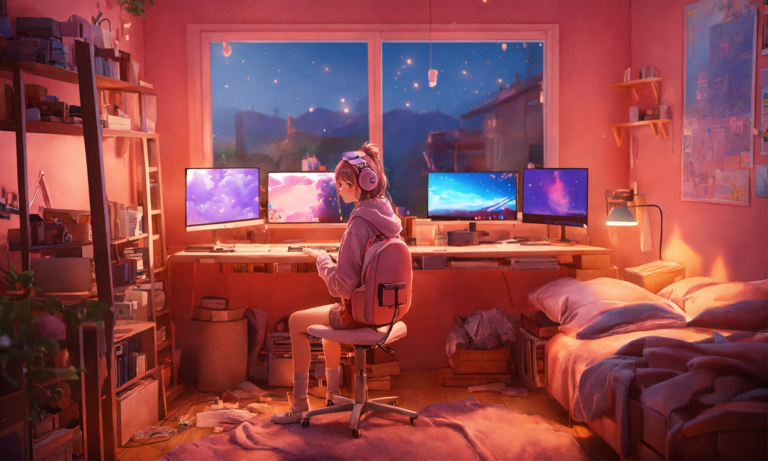 Lexica - Cute lofi girl in front of her computer in her cozy and messy ...