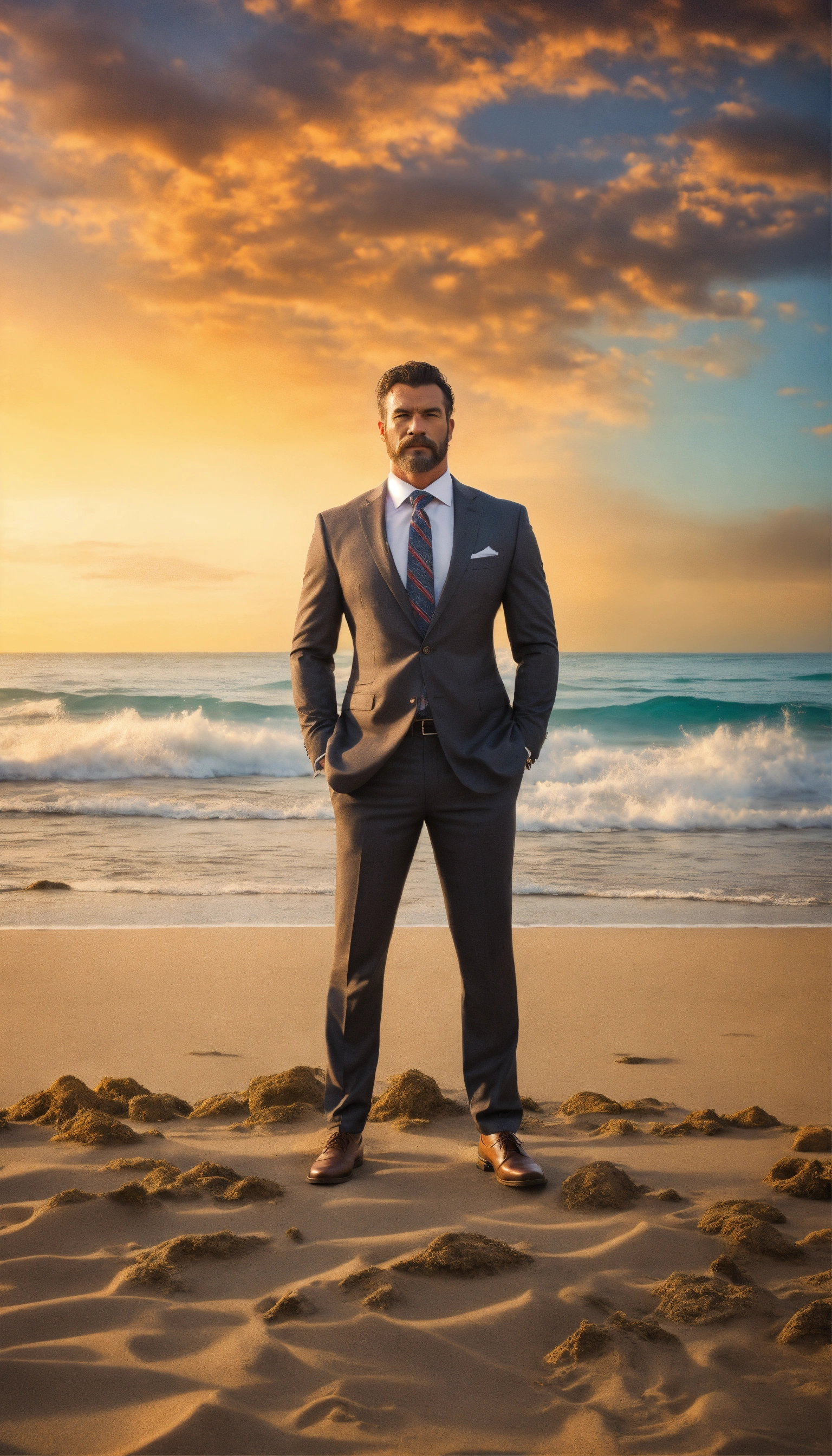 Lexica - Design a compelling image, rugged and strong man, in a suit ...