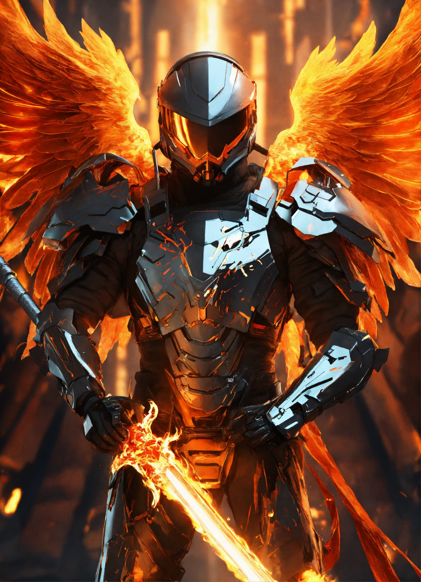 Lexica - Futuristic Male Angel in high tech body armor with flaming sword