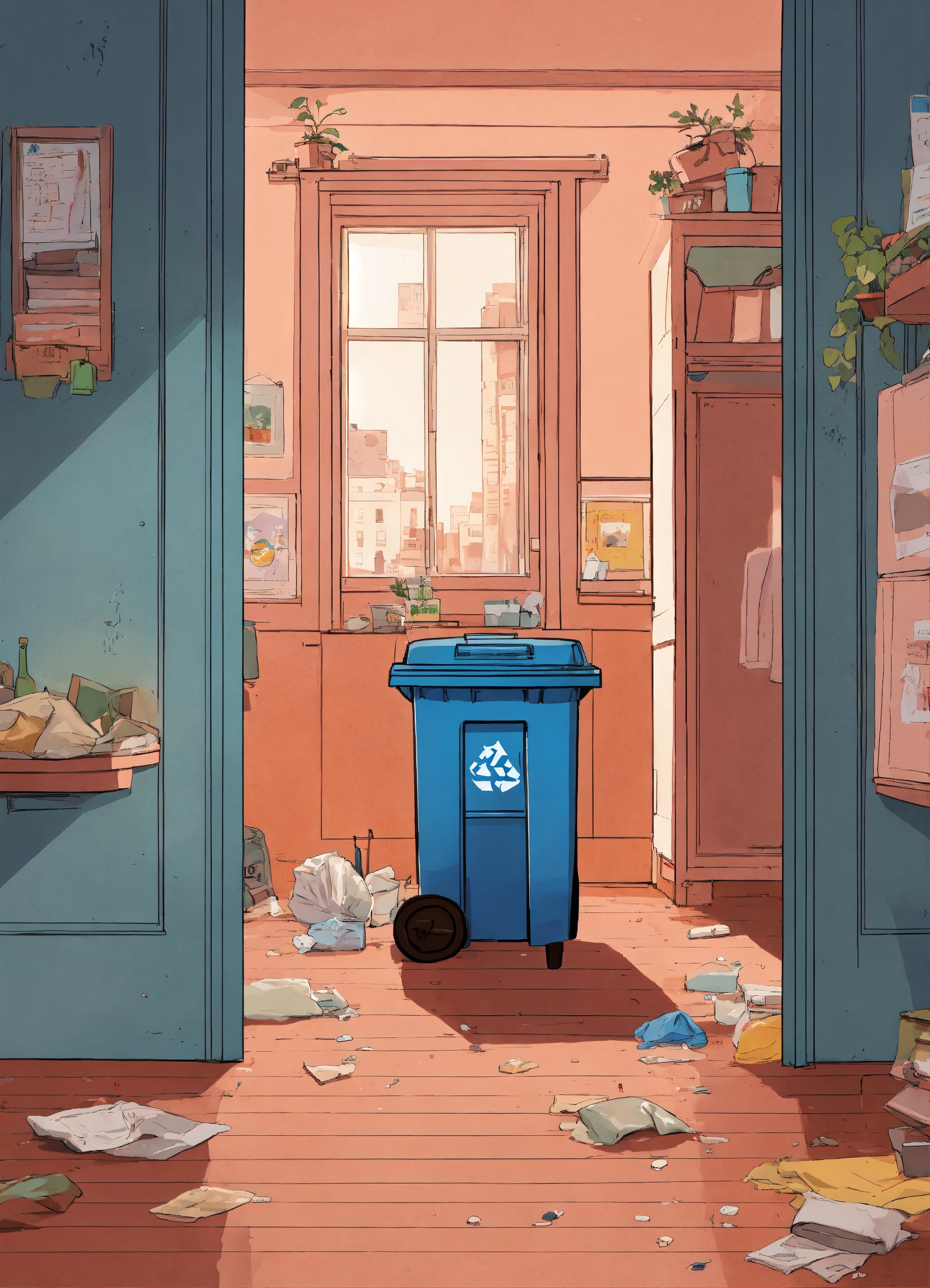 Lexica - An illustration style room with a garbage can that is open