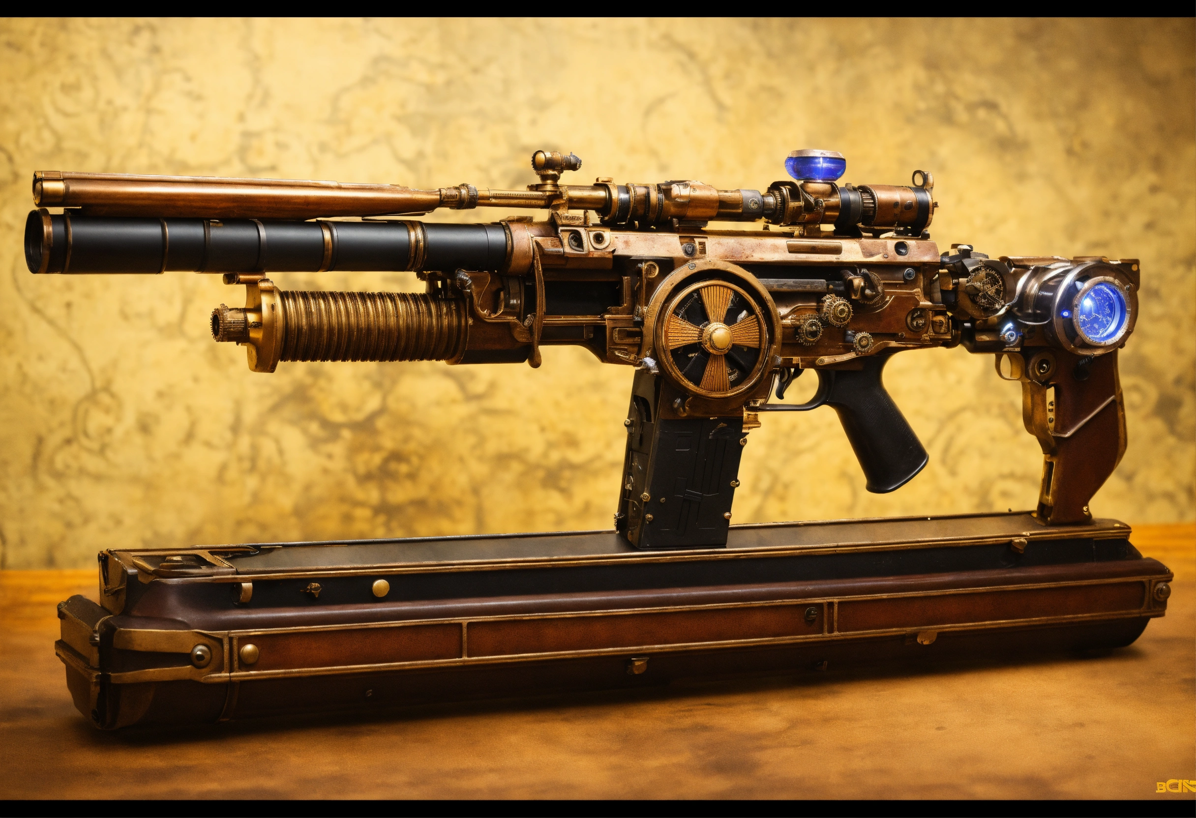 Lexica - Side view of the full image of a steampunk energy rifle
