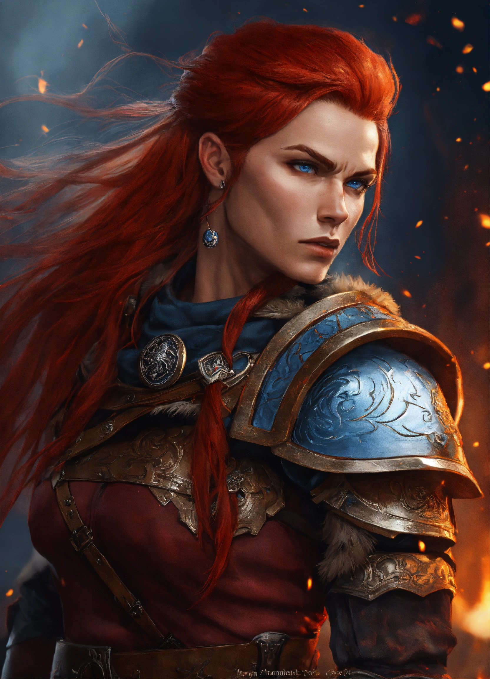 Lexica - A strong masculine woman with rugged features, red hair, blue ...