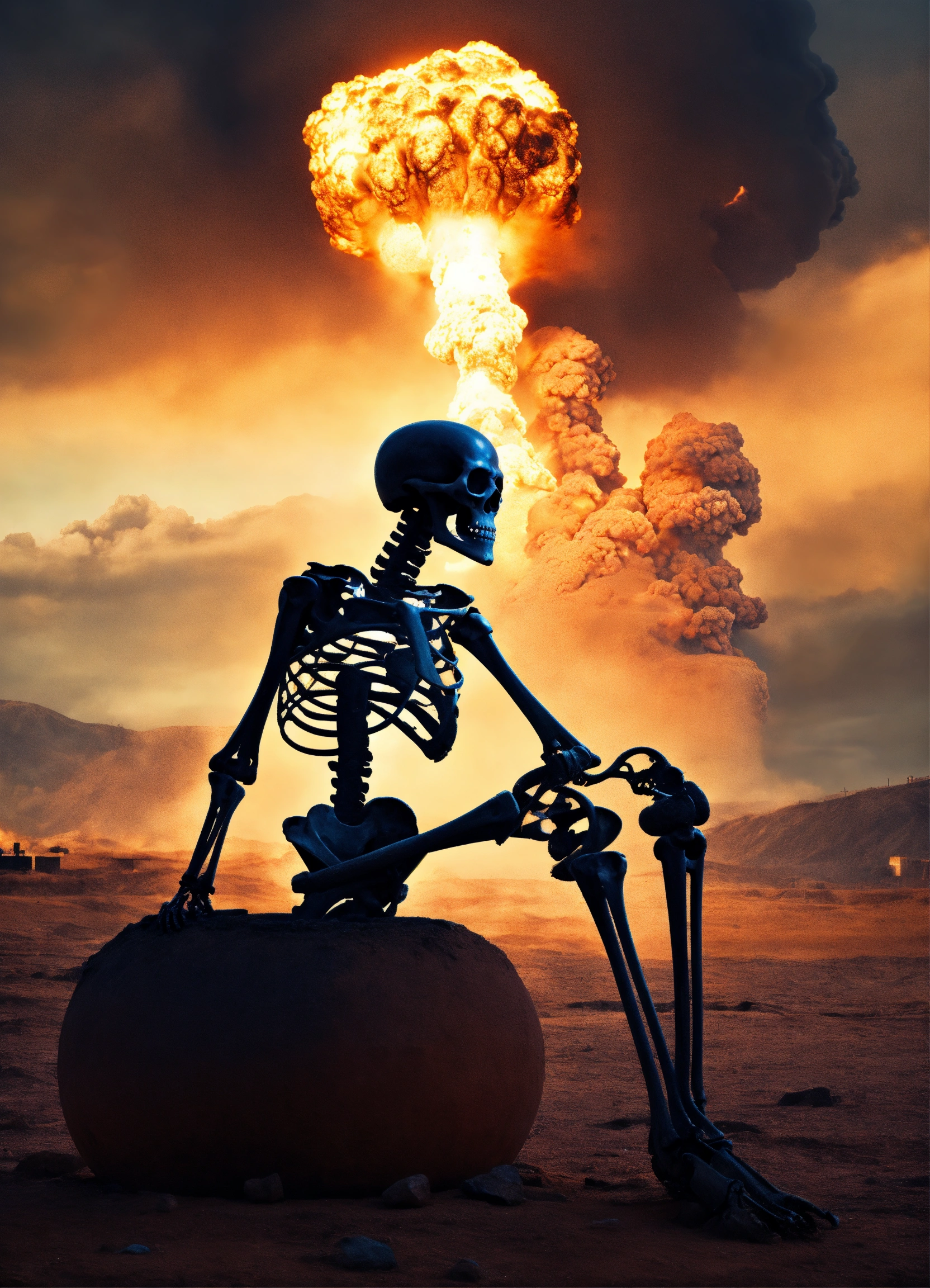 Lexica - Skeleton sitting in a thoughtful pose, nuclear explosion