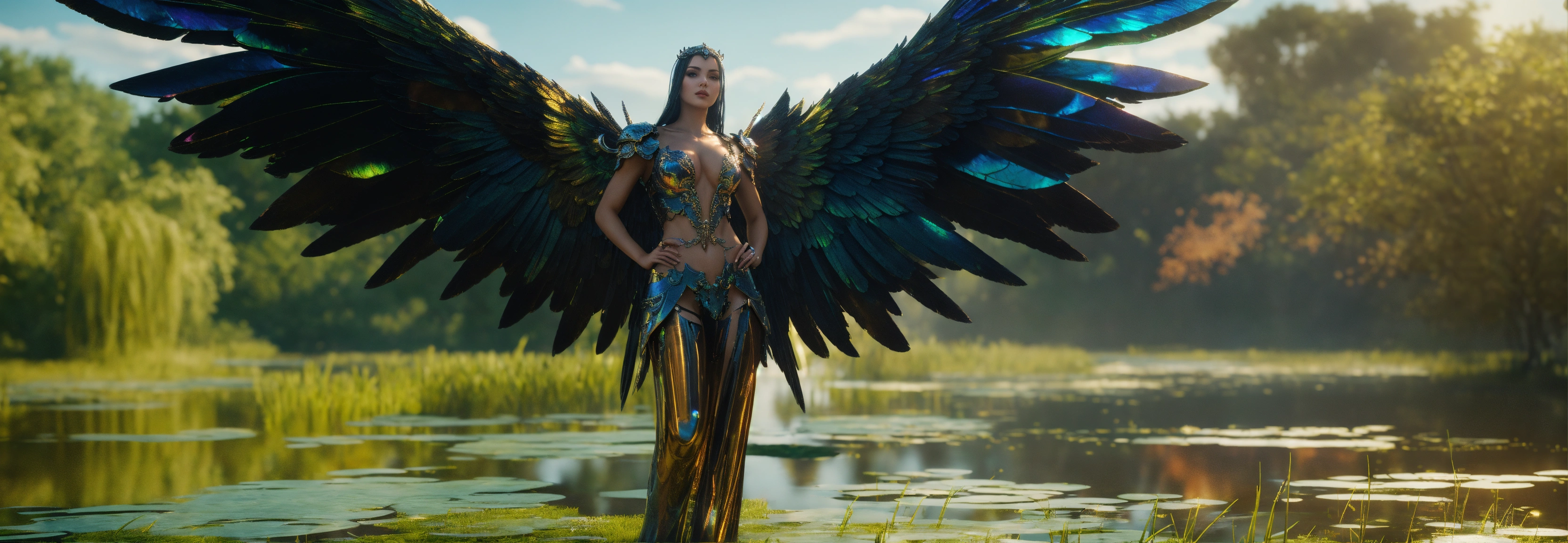 Lexica - Gorgeous renaissance cyberangel, swamp landscape, 65mm lens ...