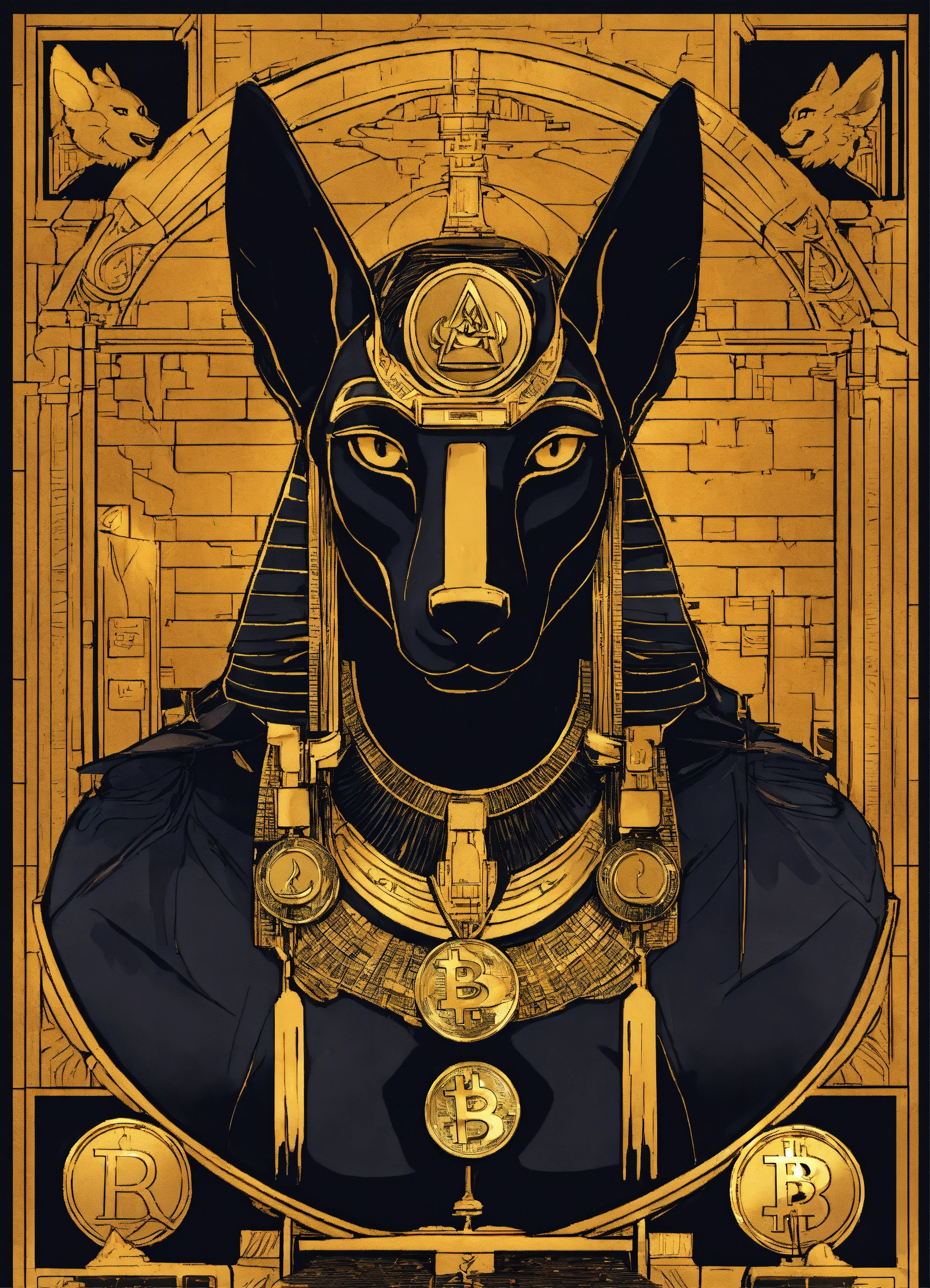 Lexica - Advertising poster of Anubis, surrounded by cryptocurrency