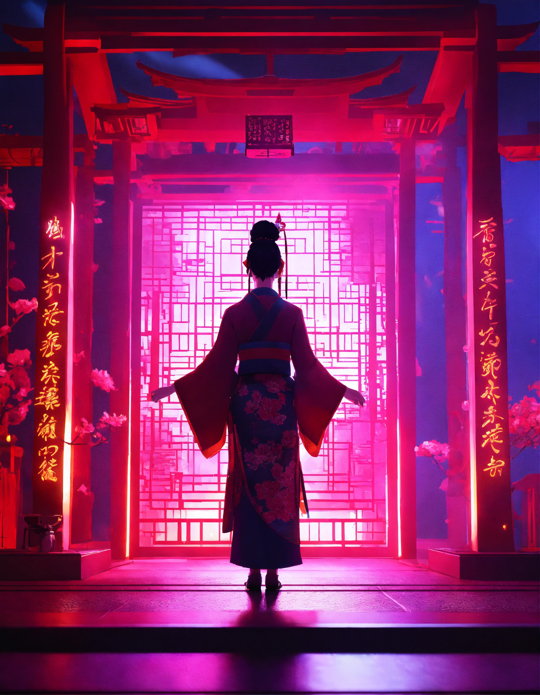 Lexica - Neon-lit environment with god rays, geisha dancer, 8K ...