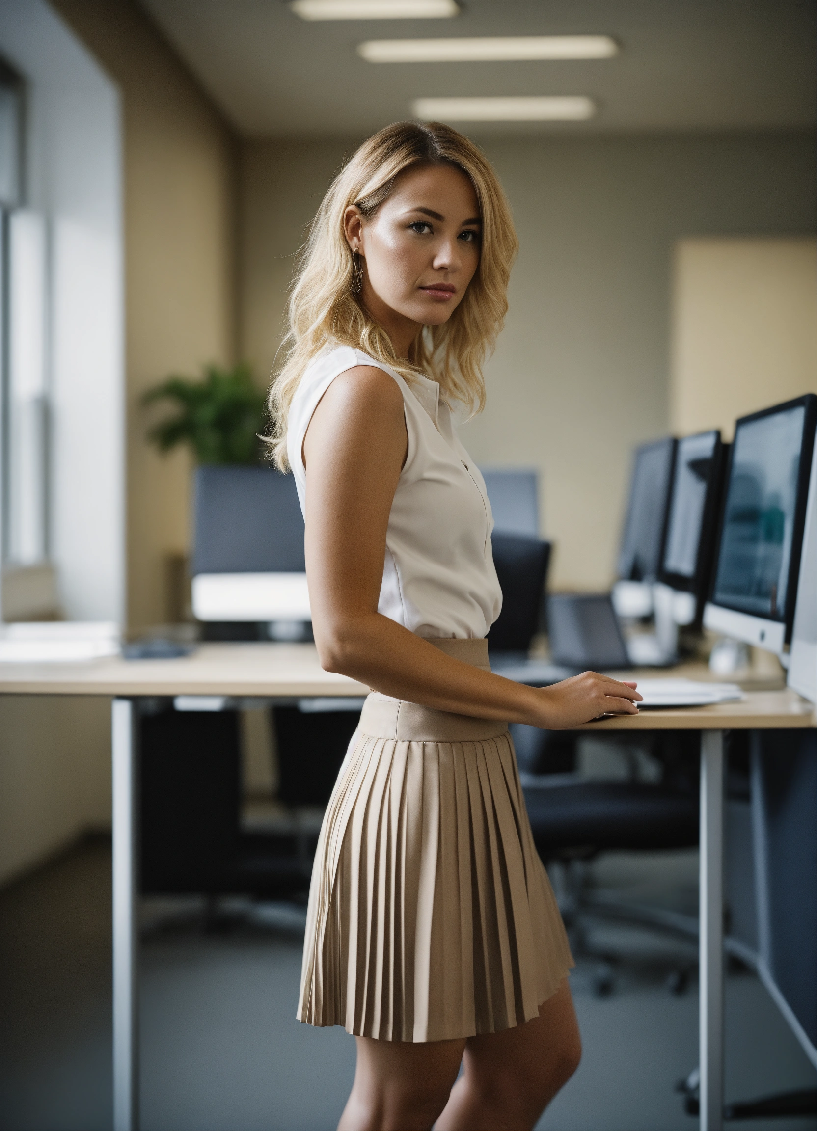 Lexica - A blonde women in her 30s in a modern office, wearing a pleated  skirt, bending over, portrait. documentary