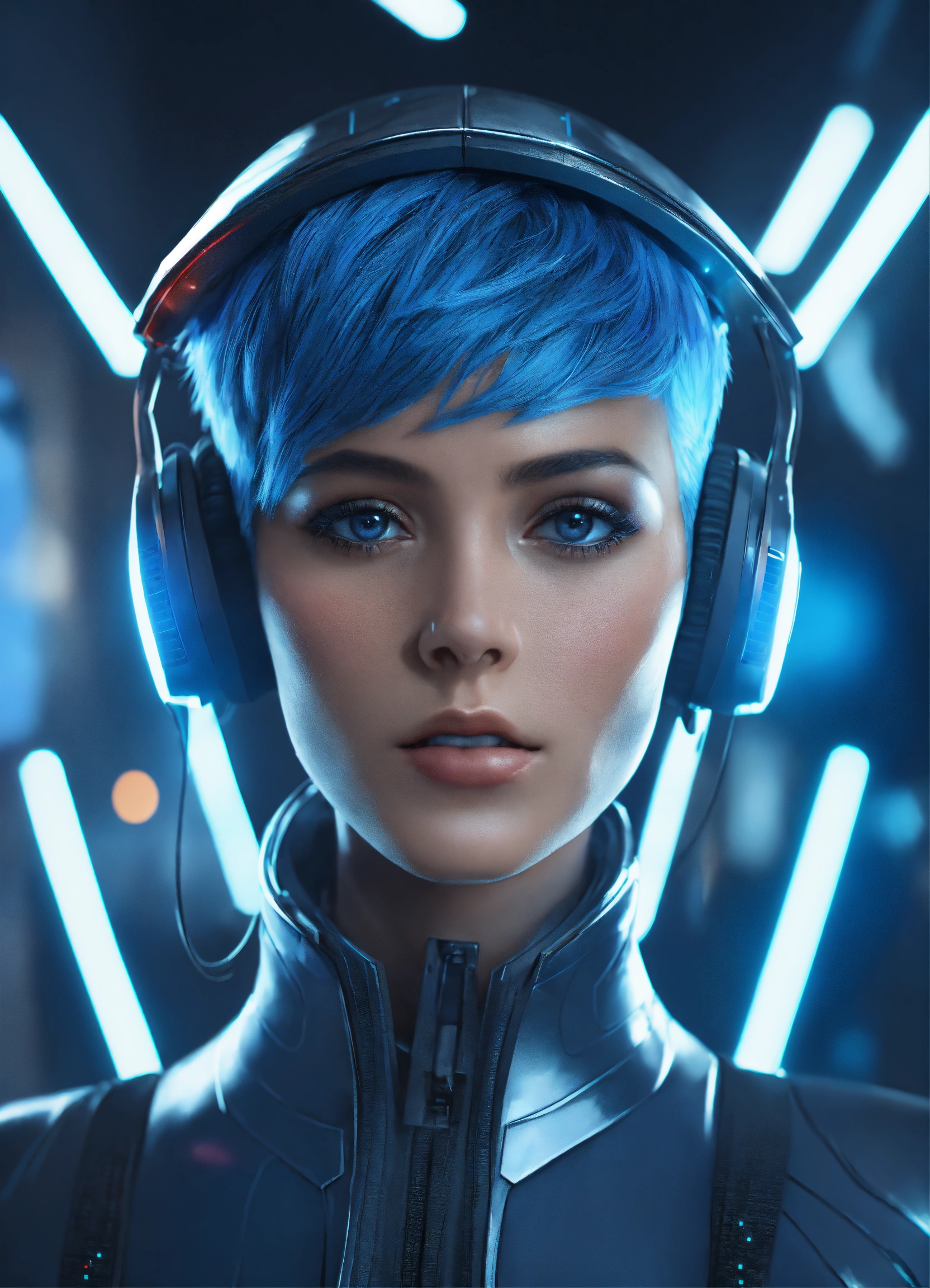Lexica - Zoom out of a beautiful girl with short blue hair wearing a ...