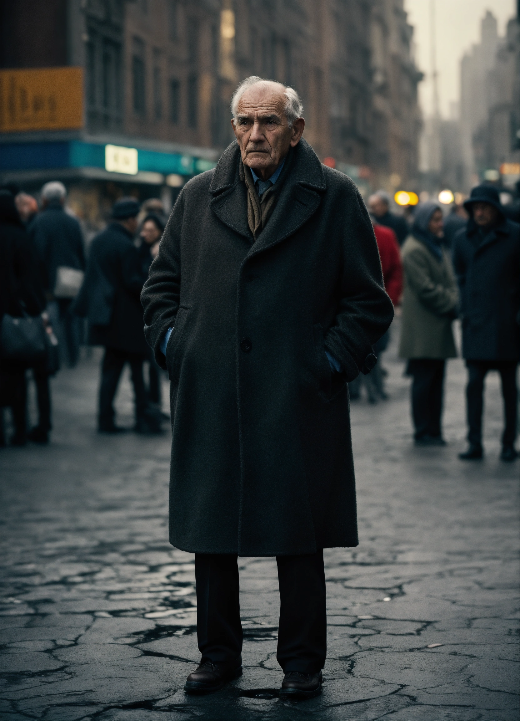 Lexica A sad old man wearing a wool coat standing on a crowded street noir