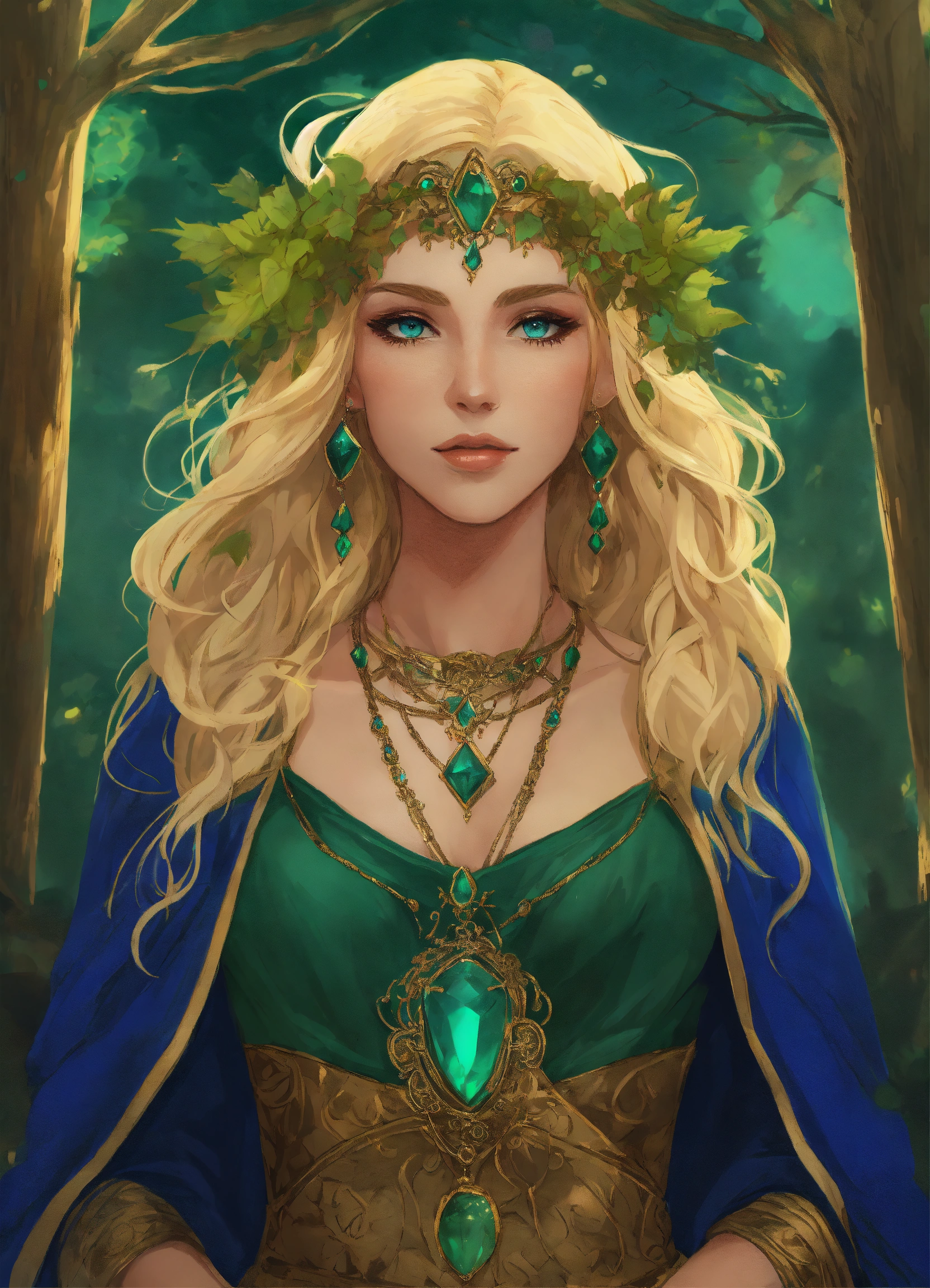 Lexica - A woman tree witch queen, blonde hair, blue green eyes ...