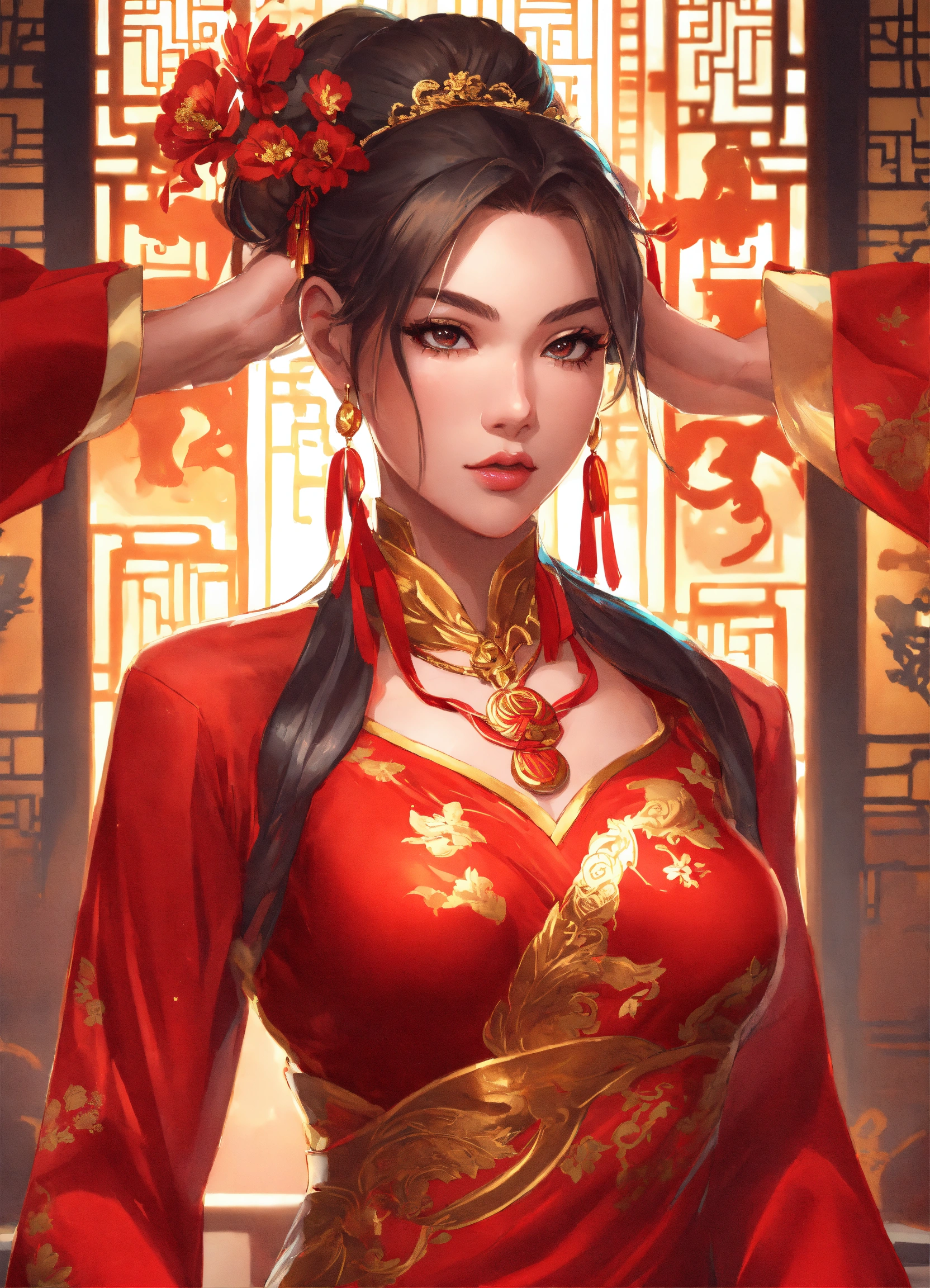 Lexica - Illustration, woman in red chinese dress, gold ornaments ...