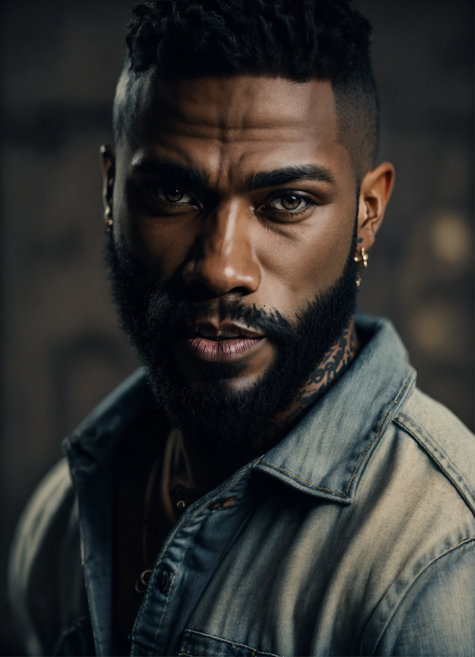 Lexica - Very Handsome black male werewolf, light eyes, beard, wearing ...