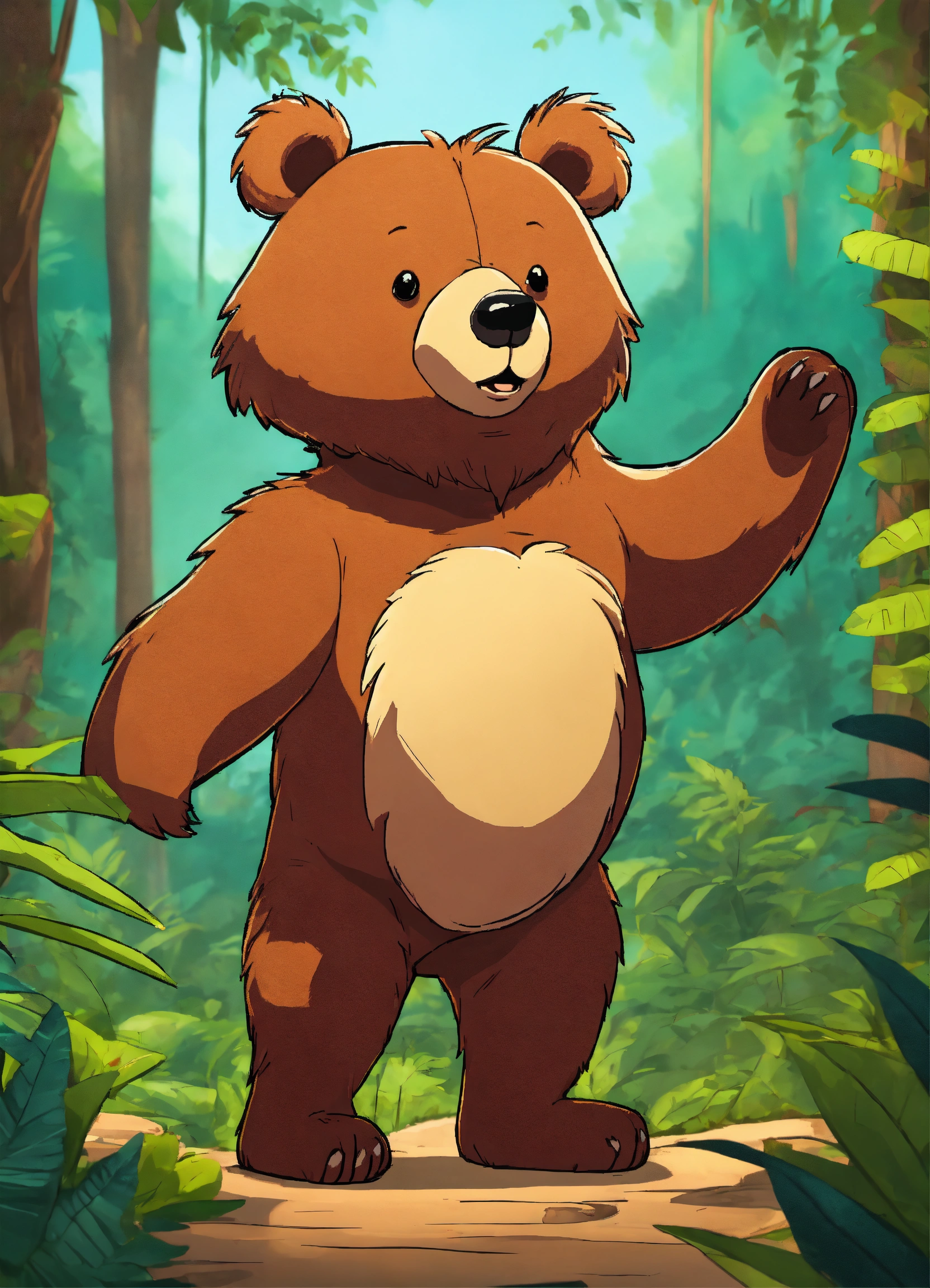 Lexica - Let cartoon bear stand on two legs in jungle back view