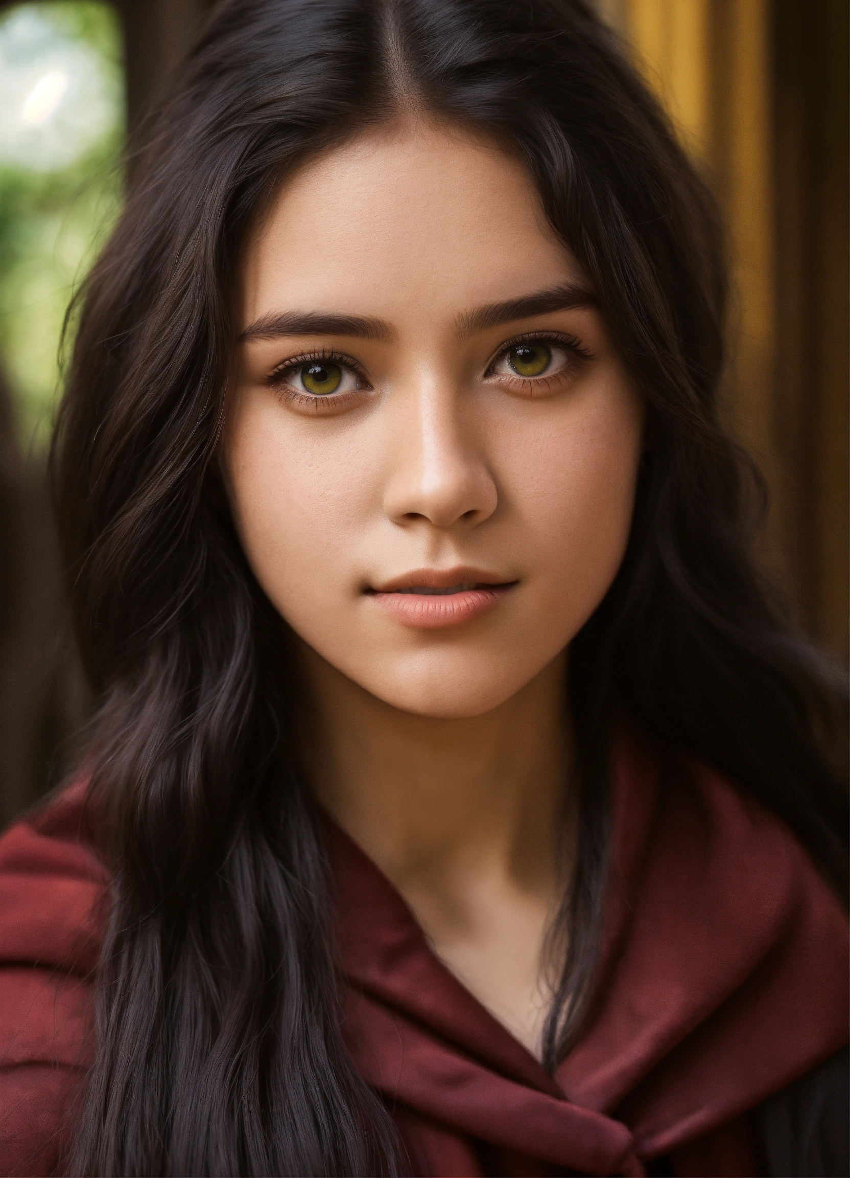 Lexica 16 year old female olive toned skin hazel eyes long black hair Gryffindor robes facing camera facing forward animated up close