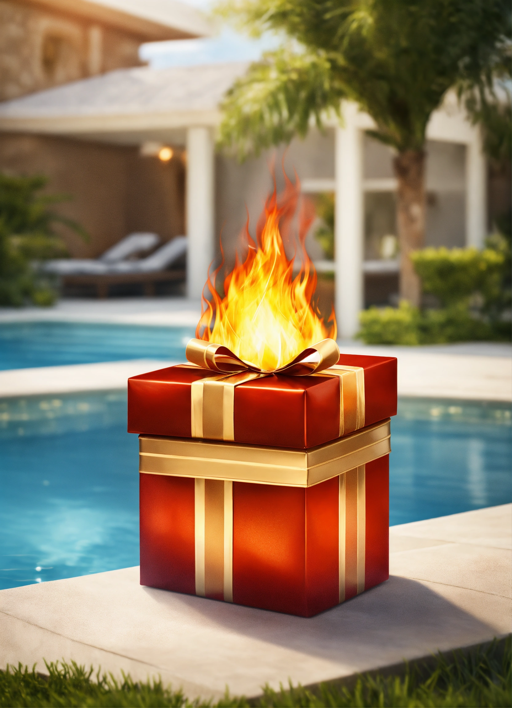 Lexica - Gift with fire realistic near swimming pool