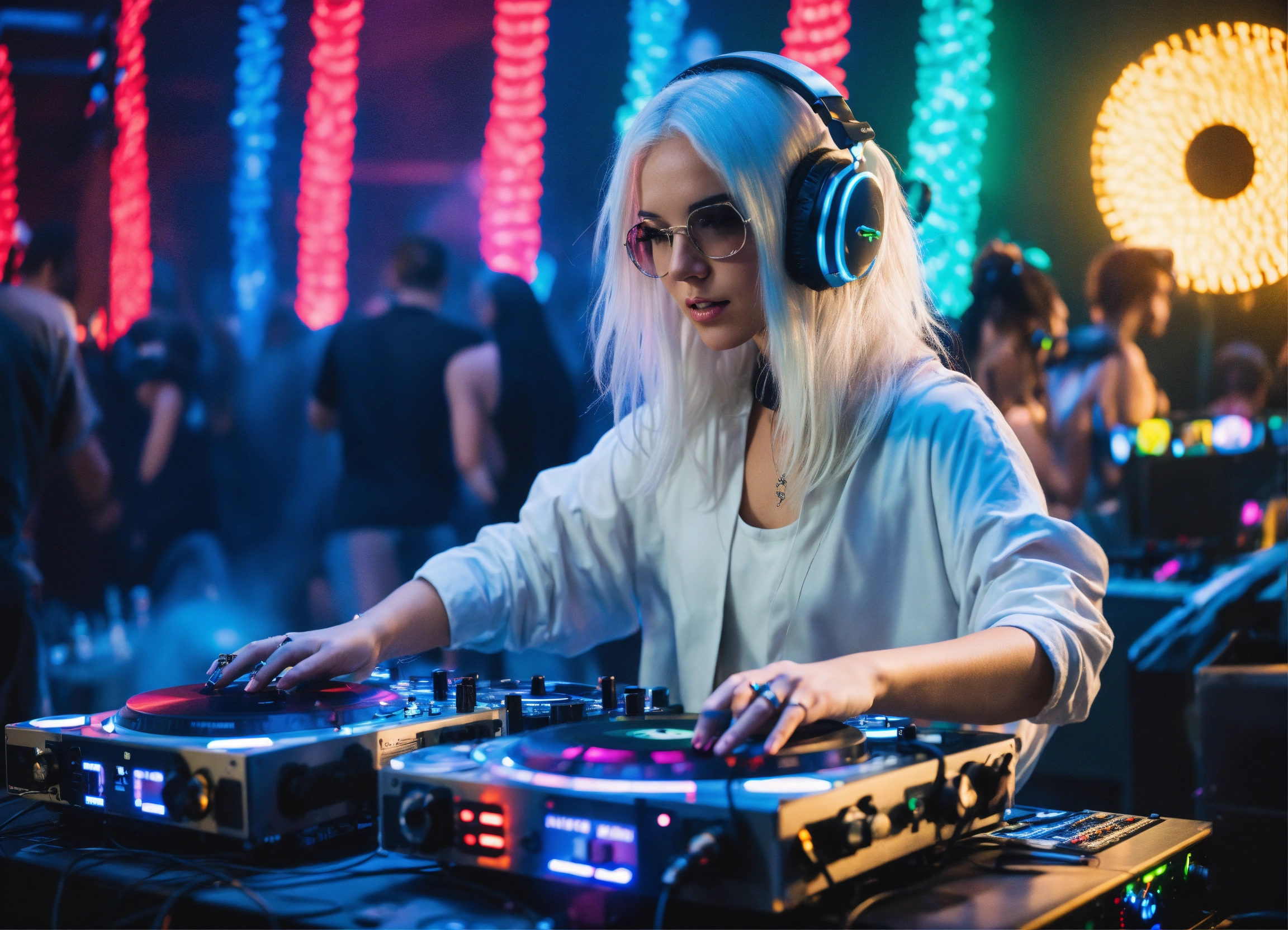 Lexica - A beautiful girl with White hair color playing DJ vibes to ...