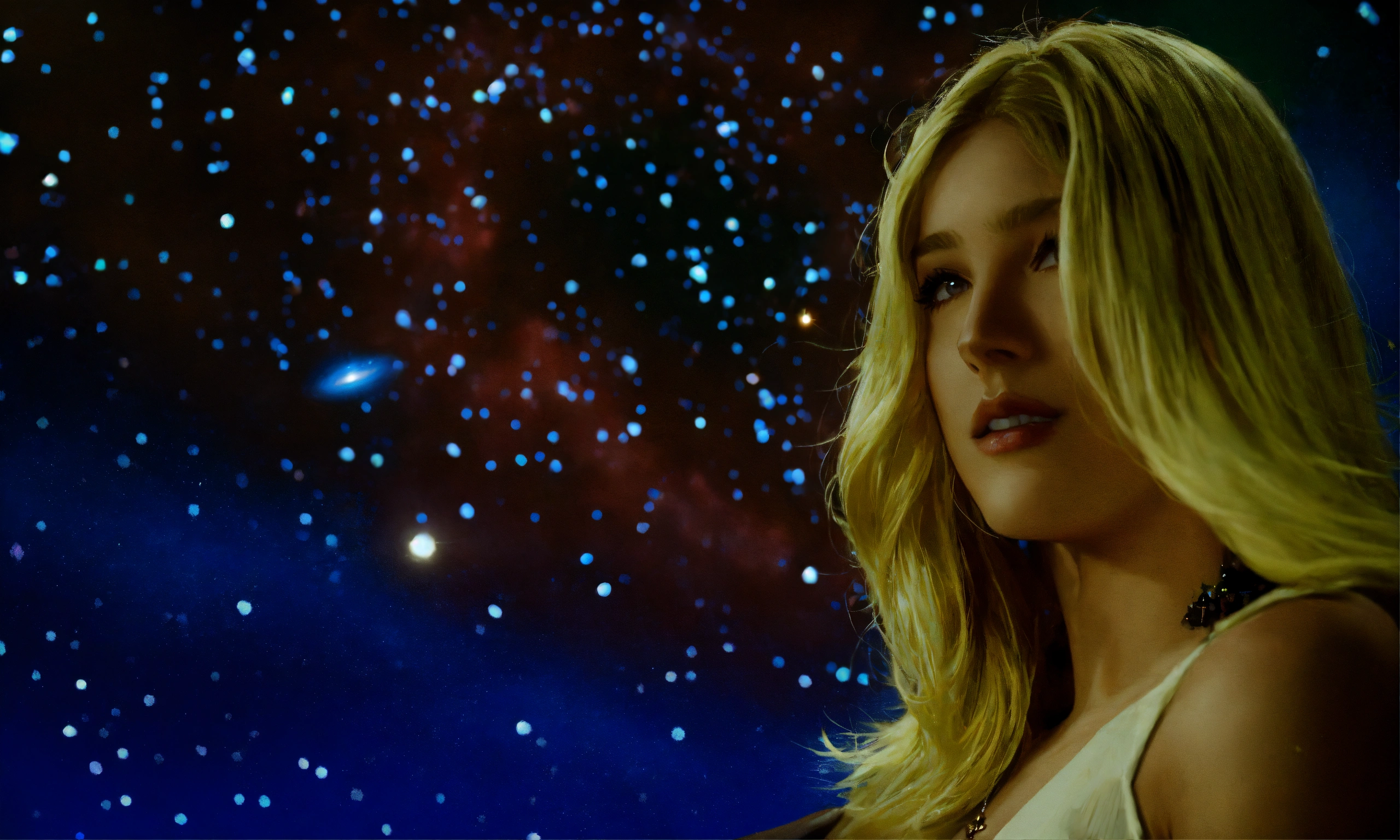 Lexica - A blonde woman reaching her hand out with the galaxy in the ...