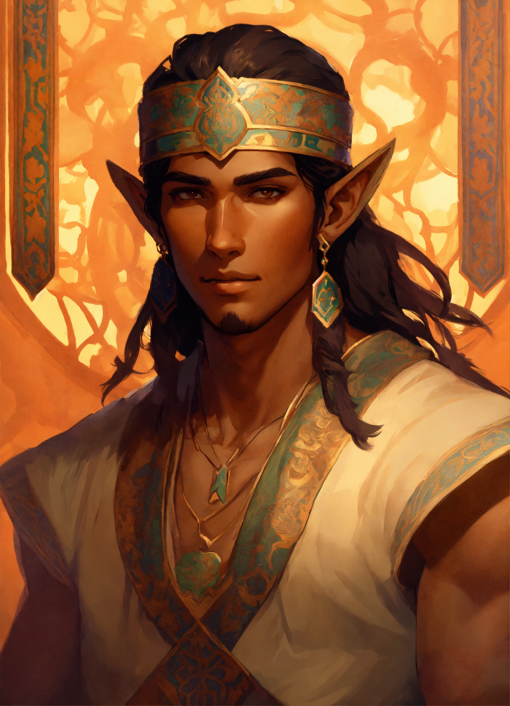 Lexica - Elf male with dark tan skin based on timurid warrior, brown ...
