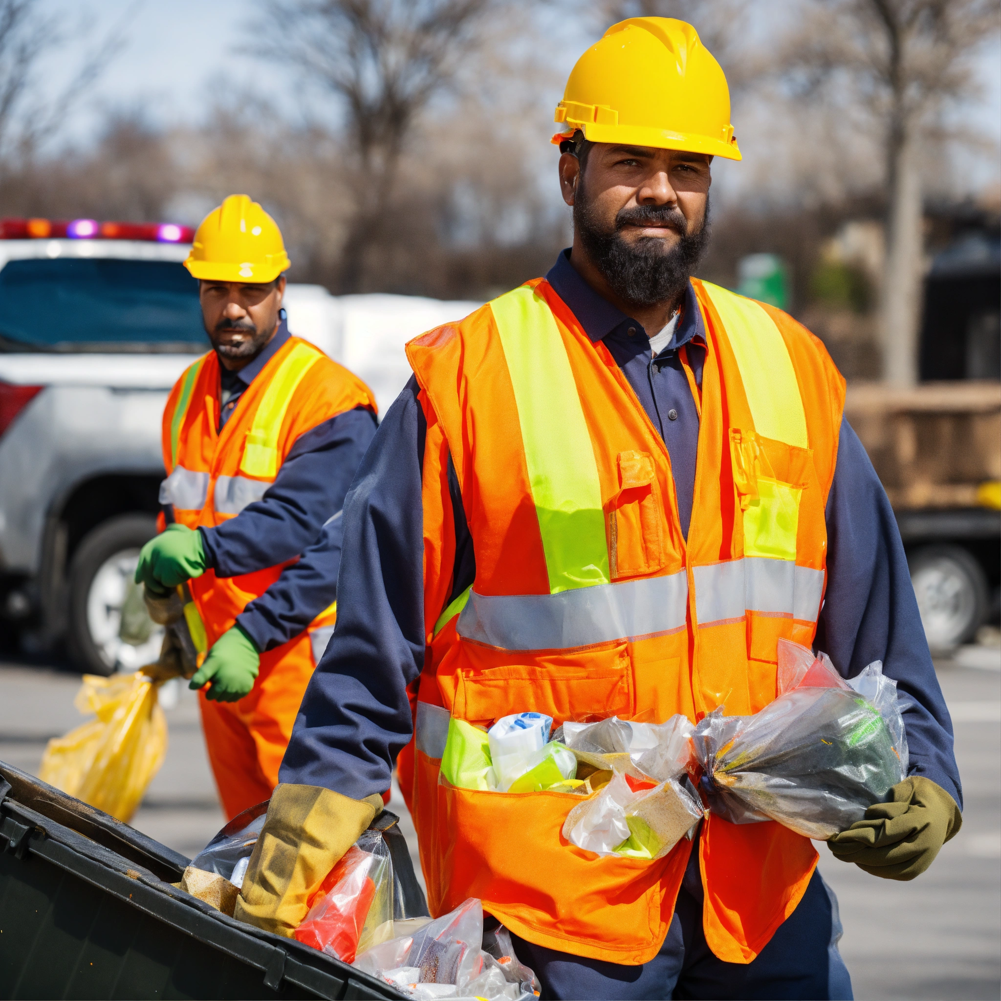 Lexica - Stock images of garbage men doing their job in high-visibility ...