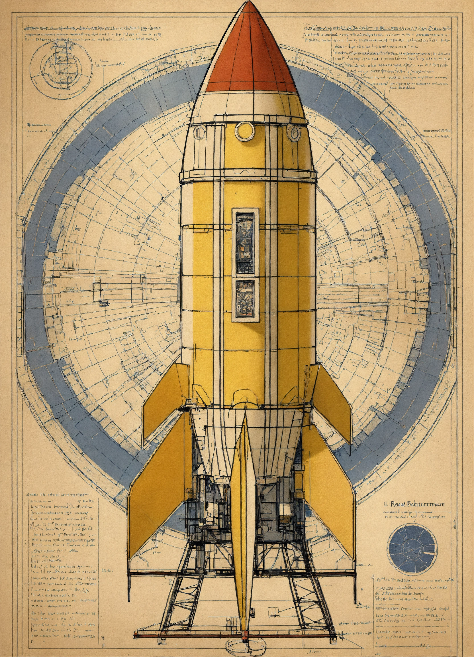 Lexica - A drawing of a rocket sitting on top of a blueprint, a ...