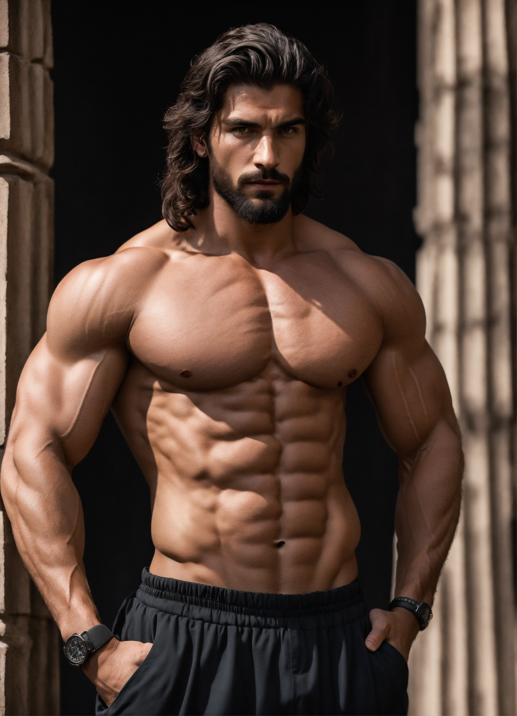 Lexica - A muscular greek god with middelparting hair in matt black ...