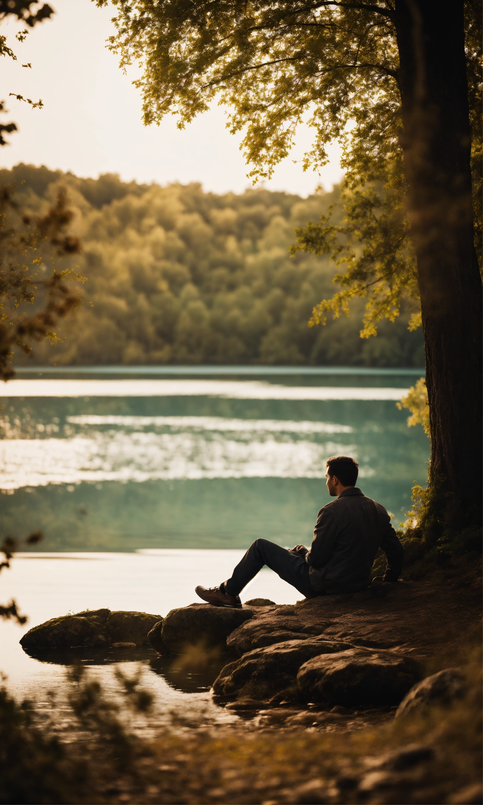 Lexica - Cinematic photo side view of man alone at a lake overlooking ...
