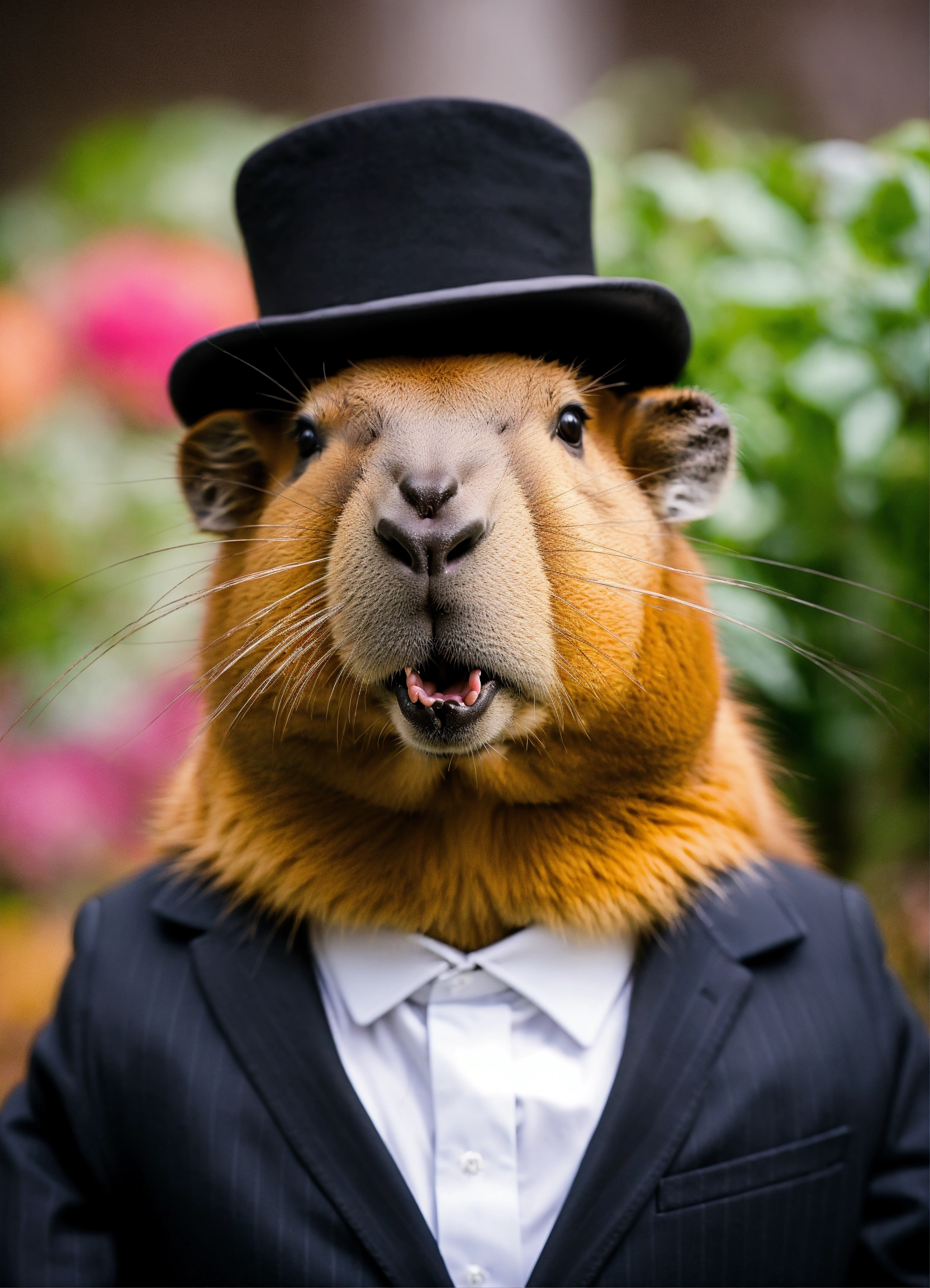 Lexica - A cute capybara singing, dressed in black and white suit