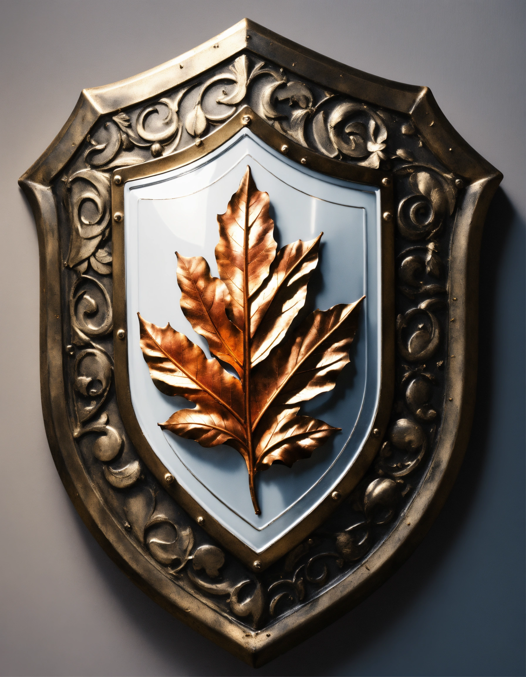 Lexica - A metal shield with a leaf symbol in the middle, white background