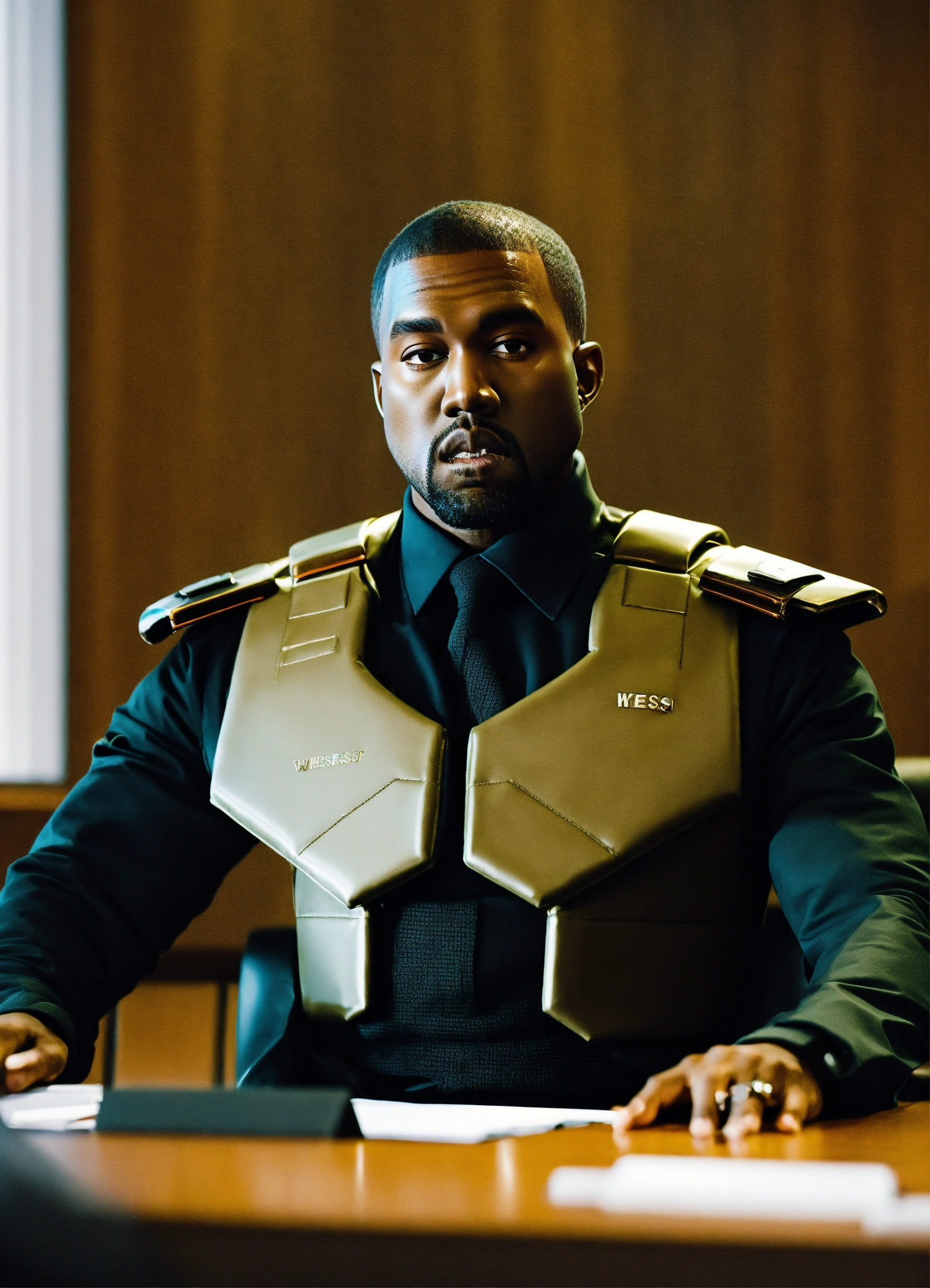 Lexica Futuristic Kanye West with bullet proof vest on in a business