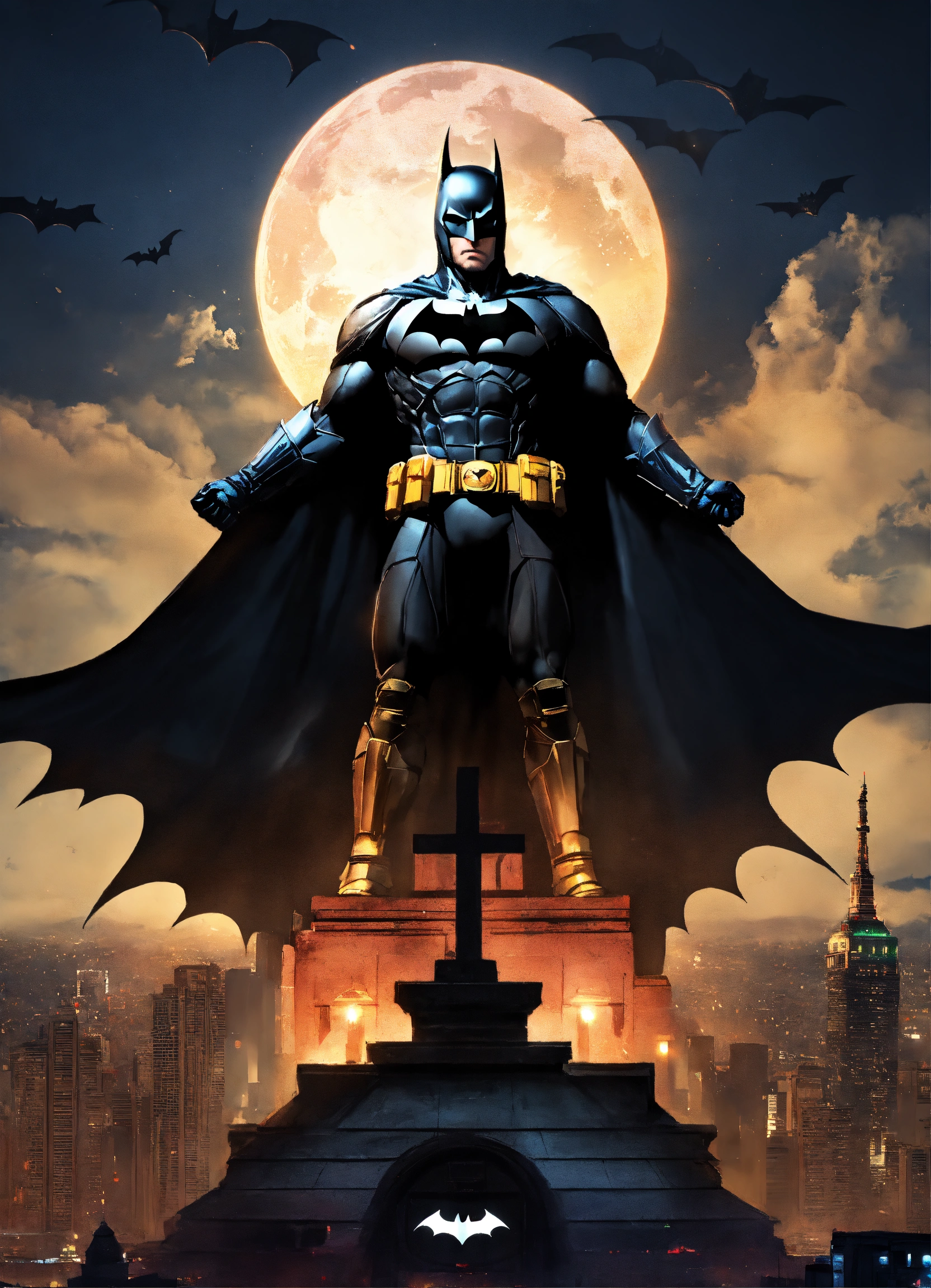 Lexica - Batman looking up at a Cristo Redentor in the dark, while the ...