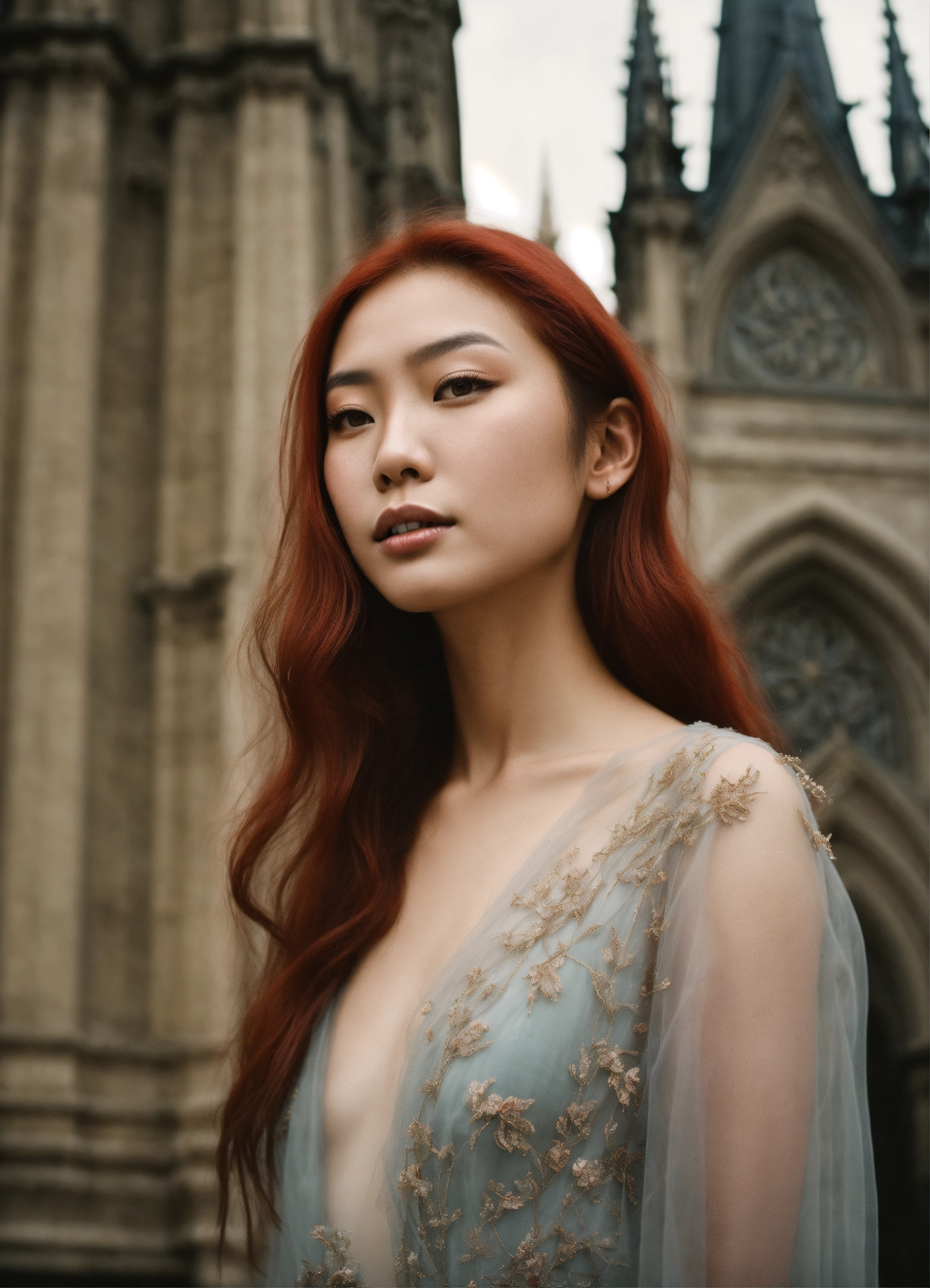 Lexica - Portrait of beautiful asian fashion model with pale red hair ...