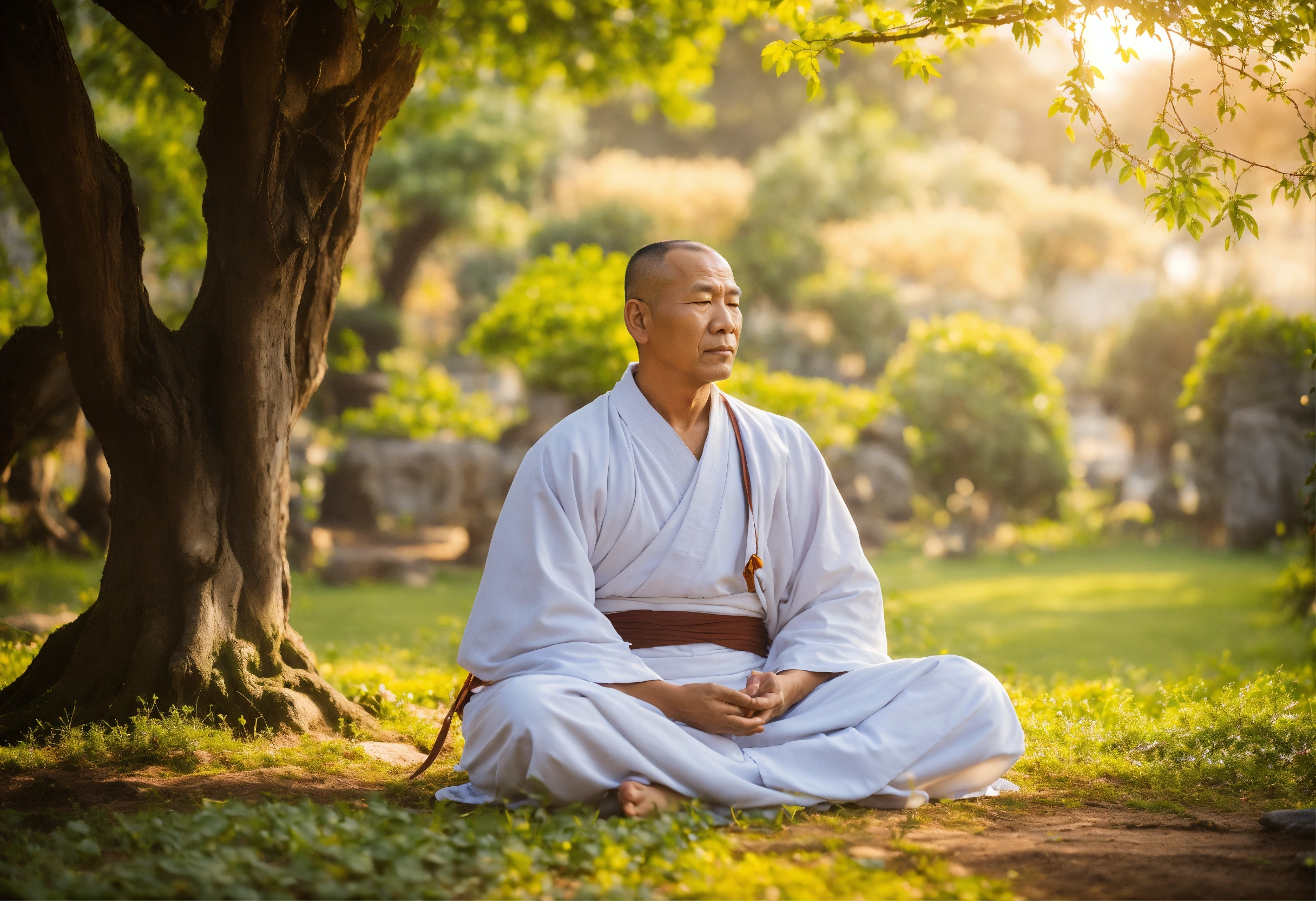 Lexica - Wise monk wearing white clothes sitting in meditation under a ...