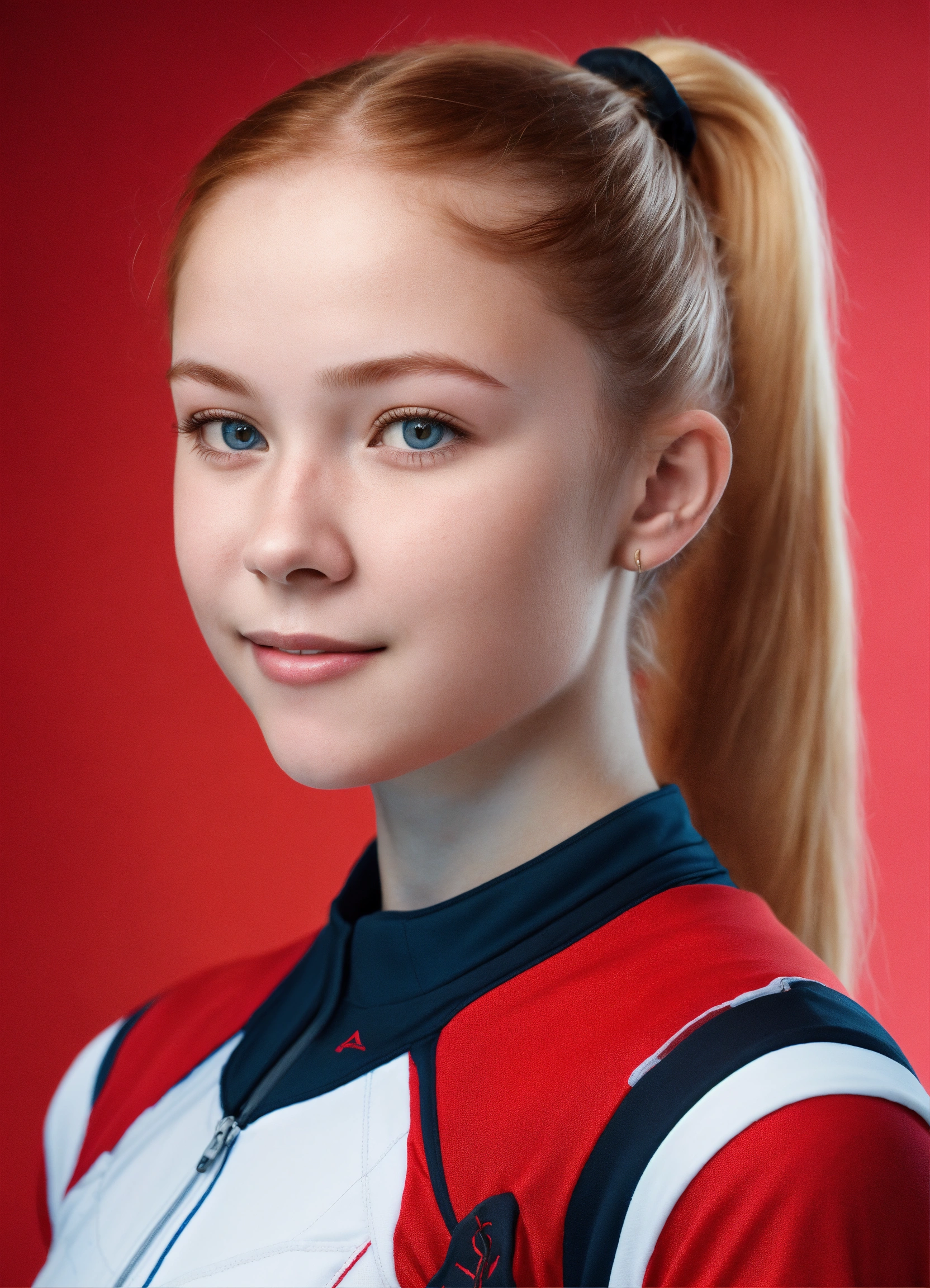 Lexica - An ultra realistic photo of a 14-year-old white ginger girl, with  a high short ponytail, with cute traits, happy expression, with her arms  c...