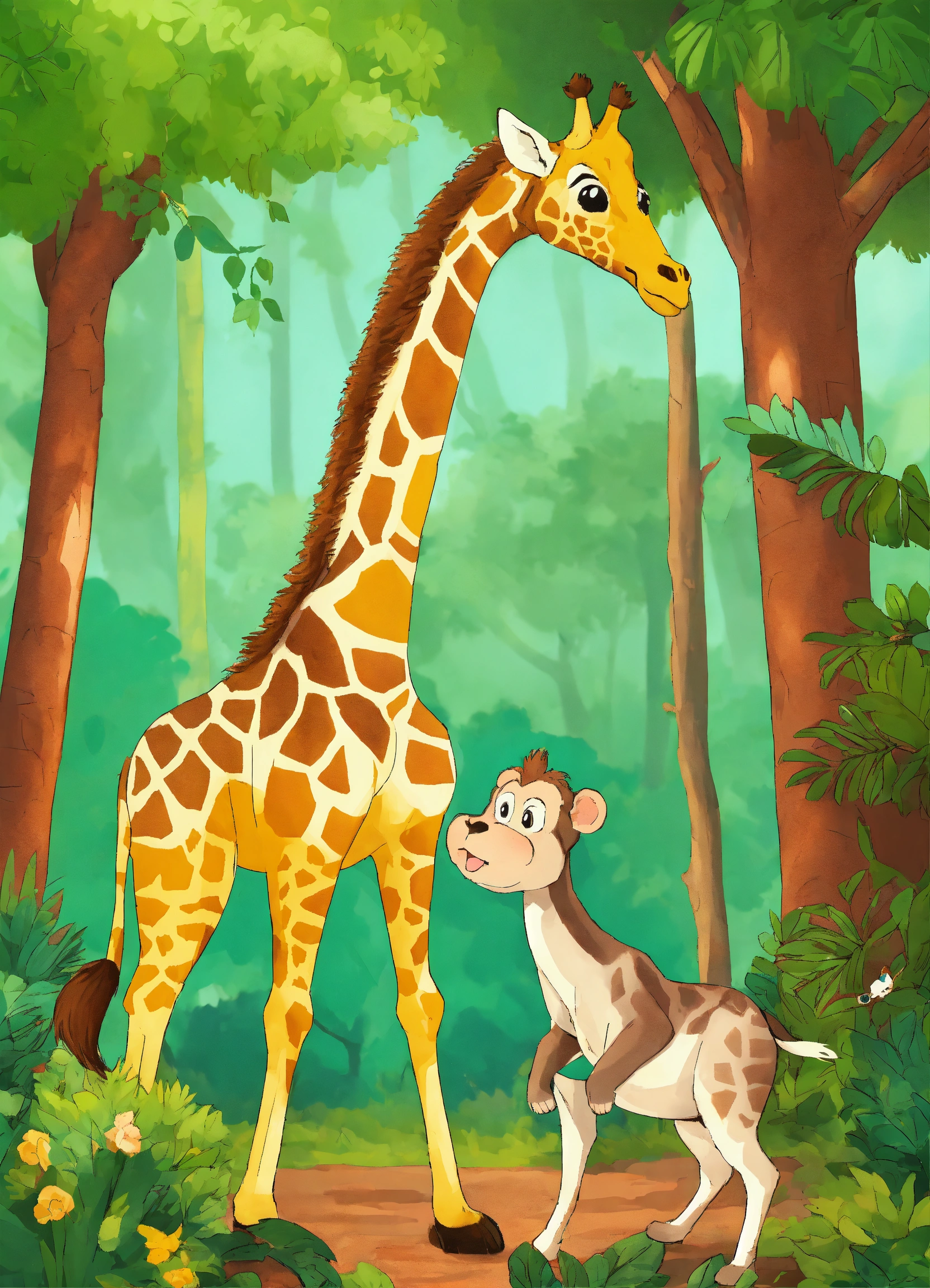 Lexica - Children's images of a giraffe biting a monkey in the forest