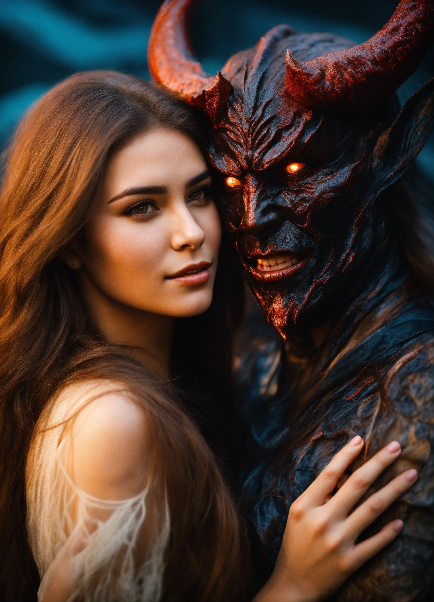 Lexica - Young beautiful woman with long brown hair hugs demon in the ...