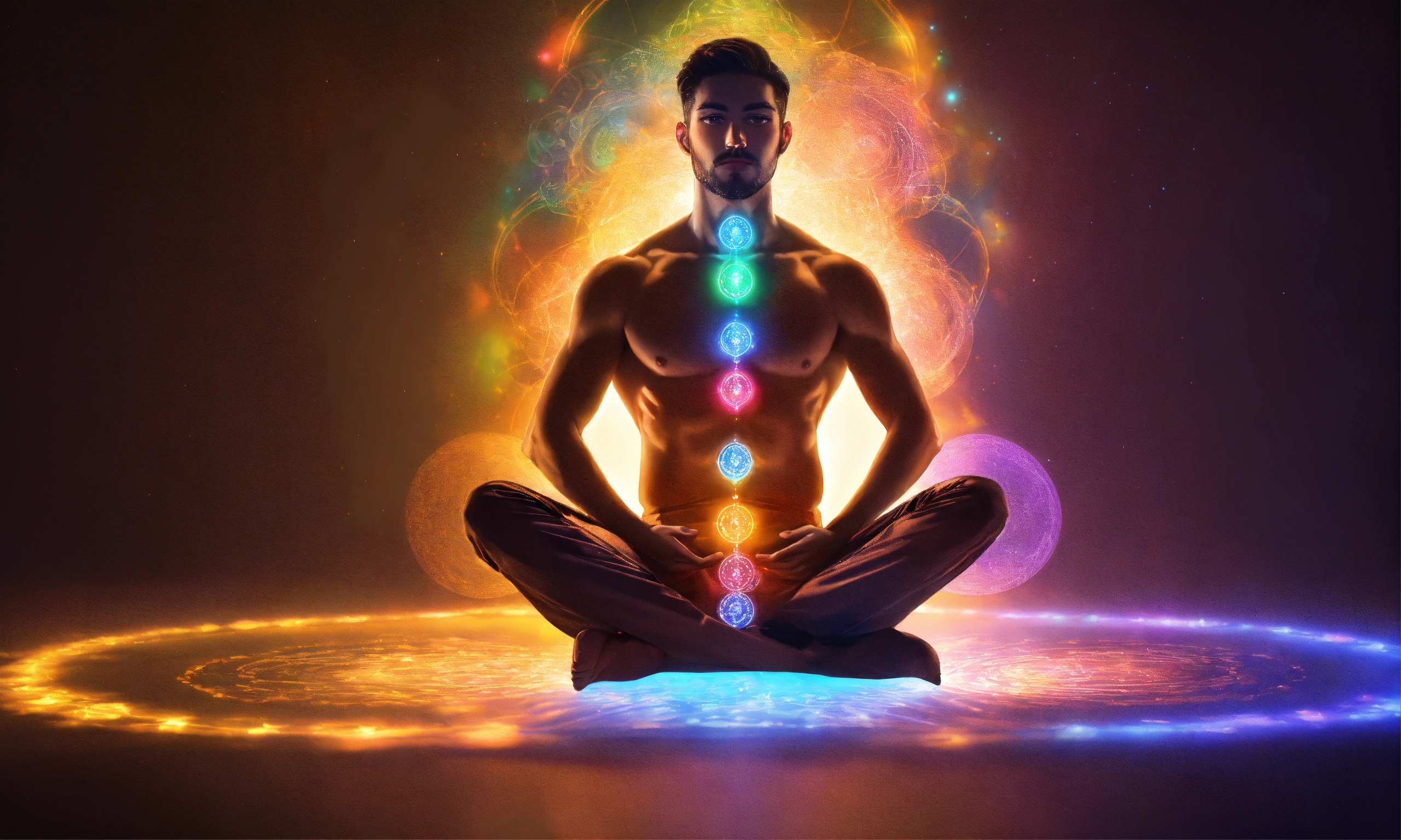 Lexica - Man sitting, chakras lit up, 4k, high resolution, photo quality