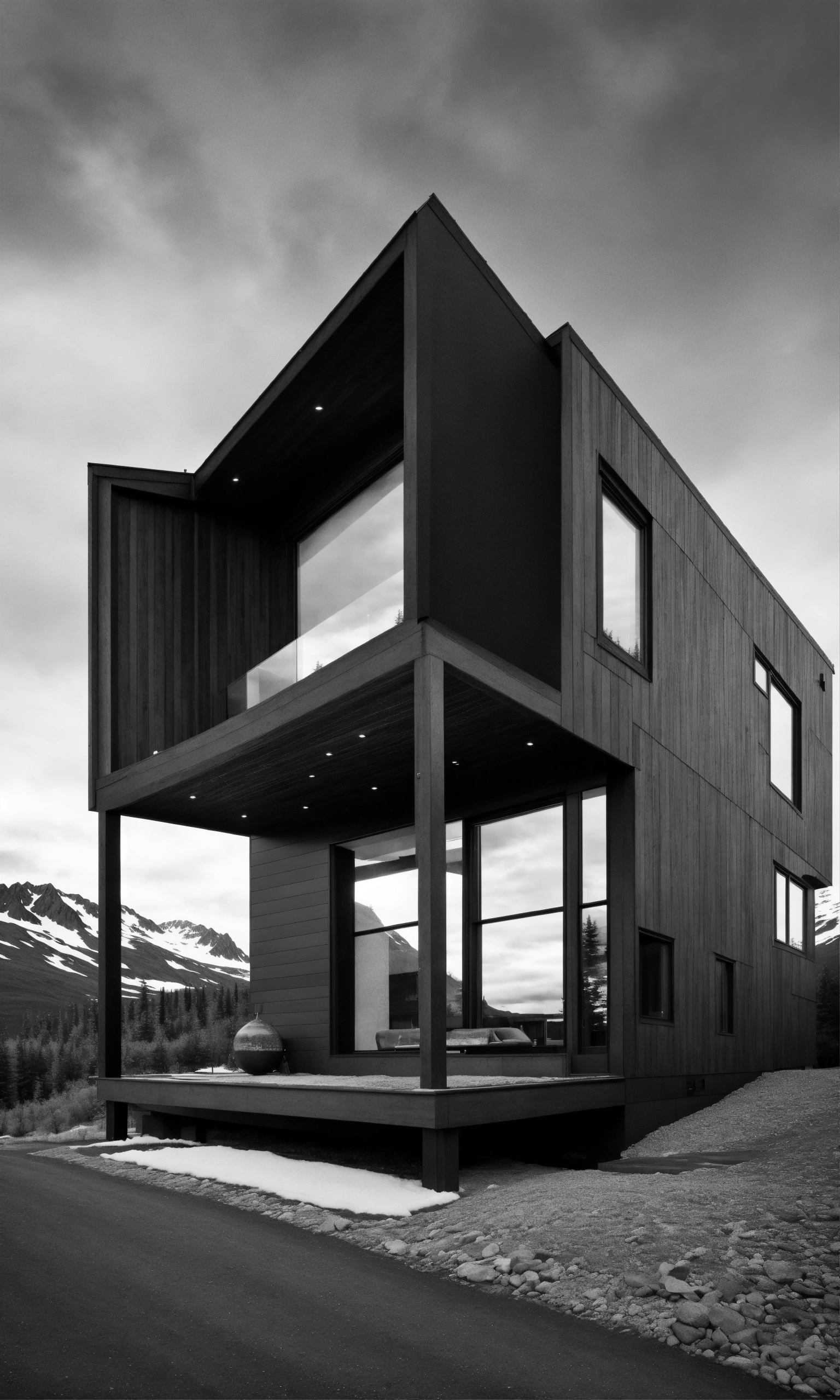 Lexica - Make a black and white skatch of a modern house in alaska
